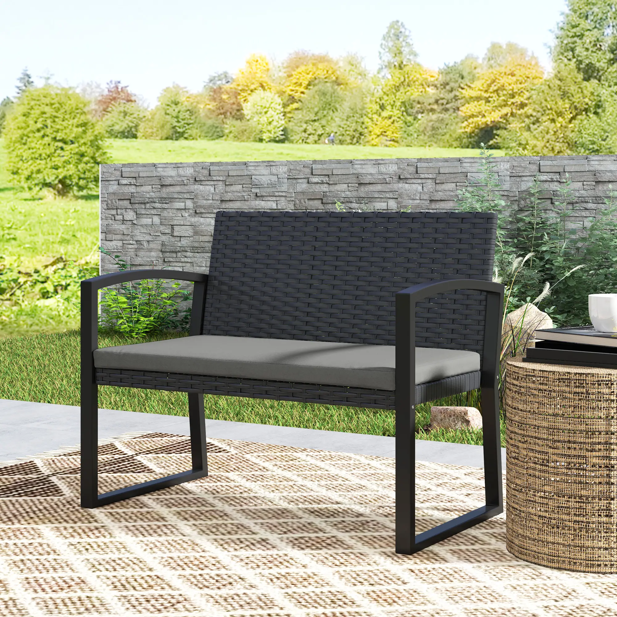 2 Seater Outdoor Rattan Bench with Cushion, Steel Frame, Light Grey - Image 10