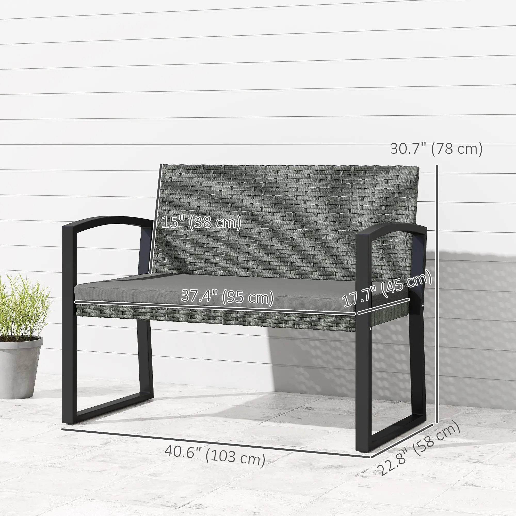 2 Seater Outdoor Rattan Bench with Cushion, Steel Frame, Light Grey - Image 3