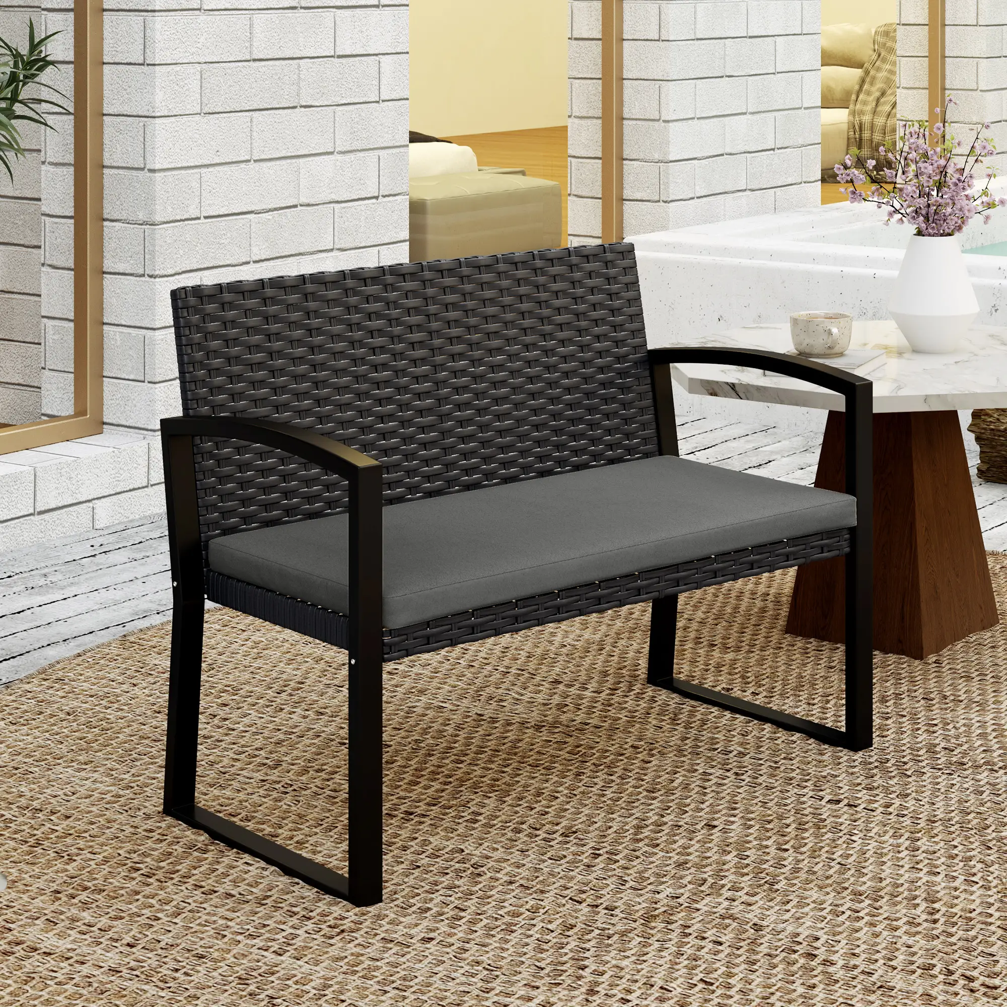 2 Seater Outdoor Rattan Bench with Cushion, Steel Frame, Light Grey - Image 7