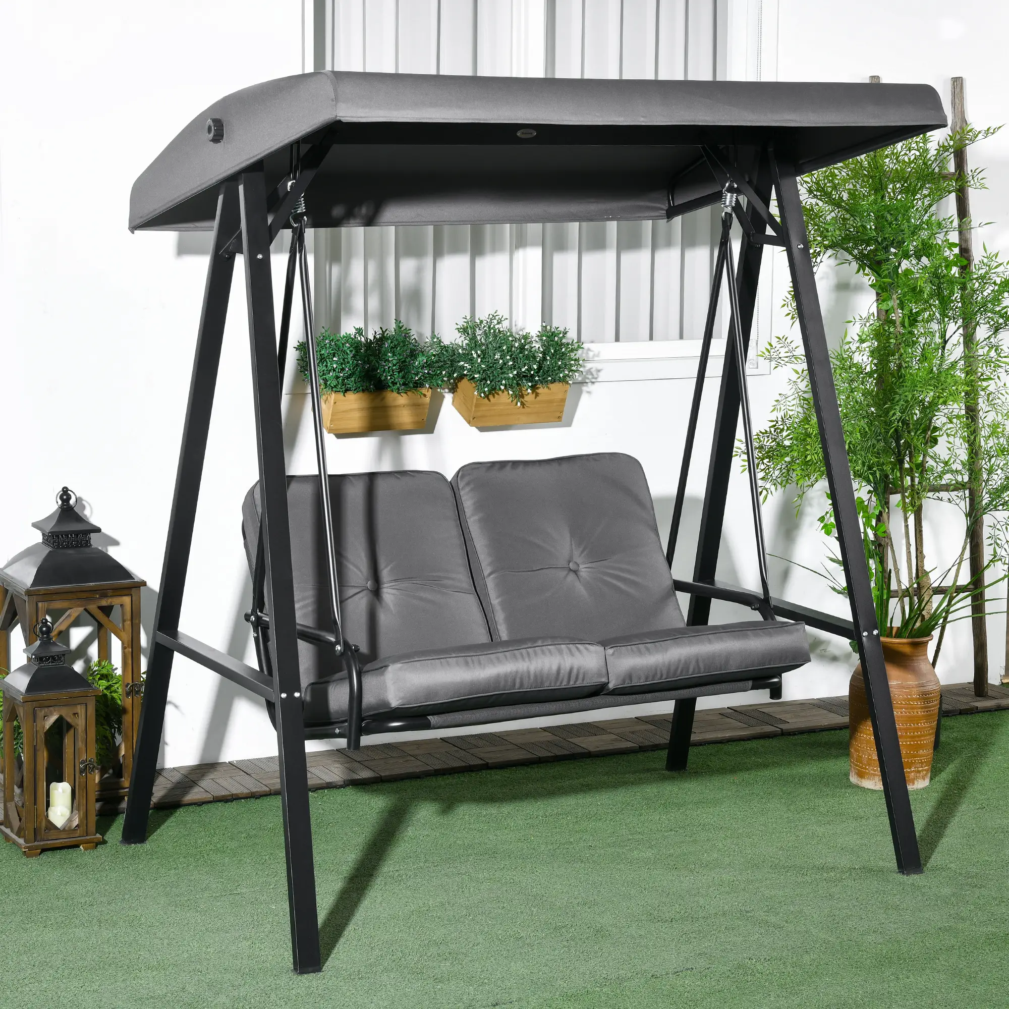 2-Seater Outdoor Swing with Canopy, Patio Chair, Dark Grey - Image 2