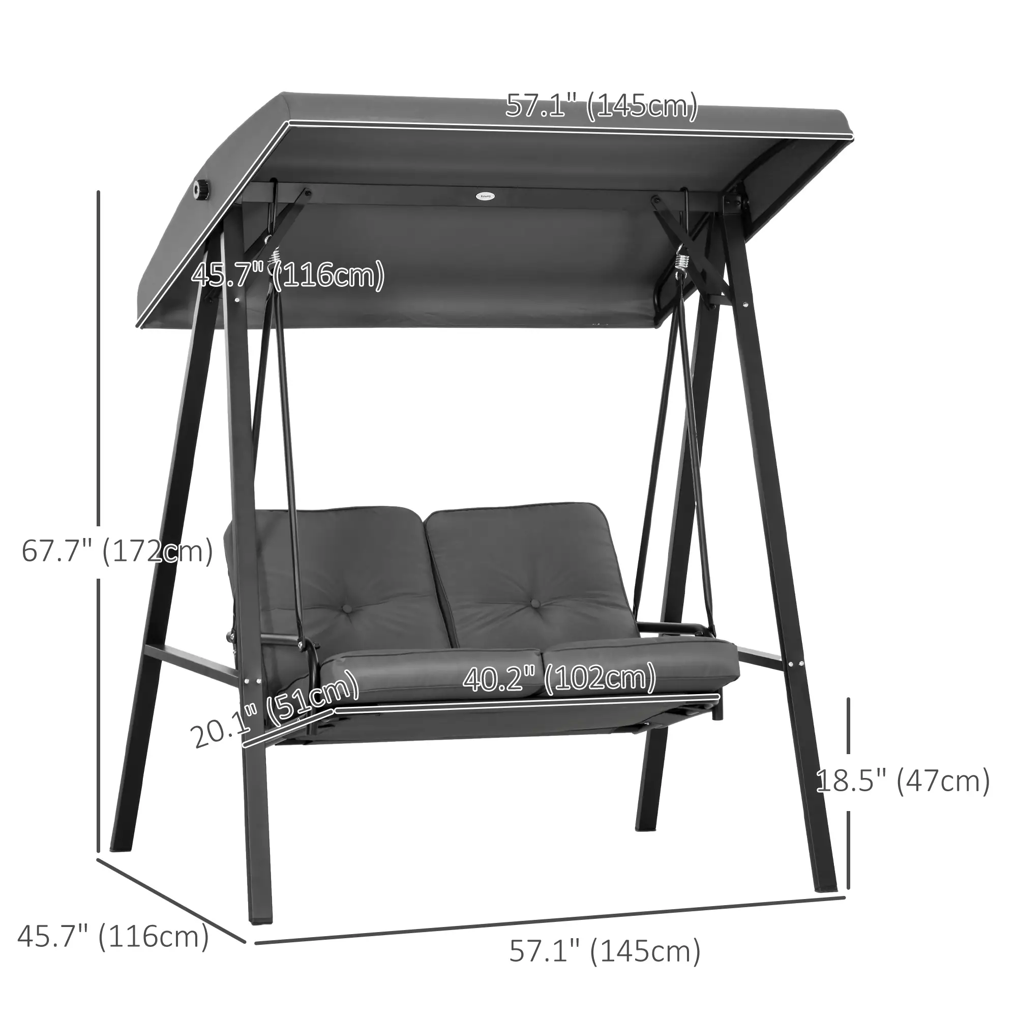 2-Seater Outdoor Swing with Canopy, Patio Chair, Dark Grey - Image 3