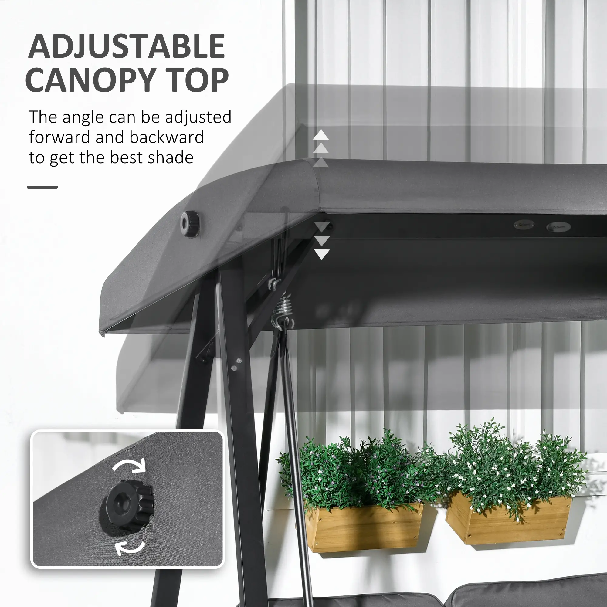 2-Seater Outdoor Swing with Canopy, Patio Chair, Dark Grey - Image 4