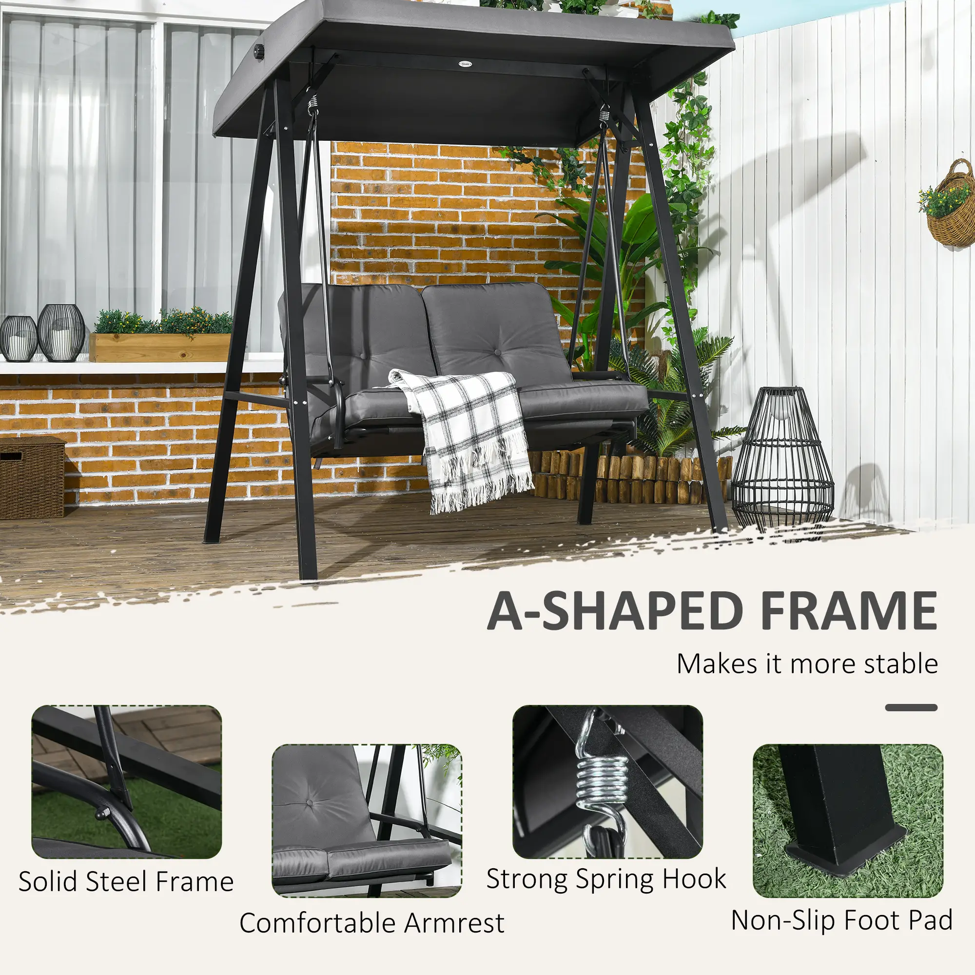 2-Seater Outdoor Swing with Canopy, Patio Chair, Dark Grey - Image 6