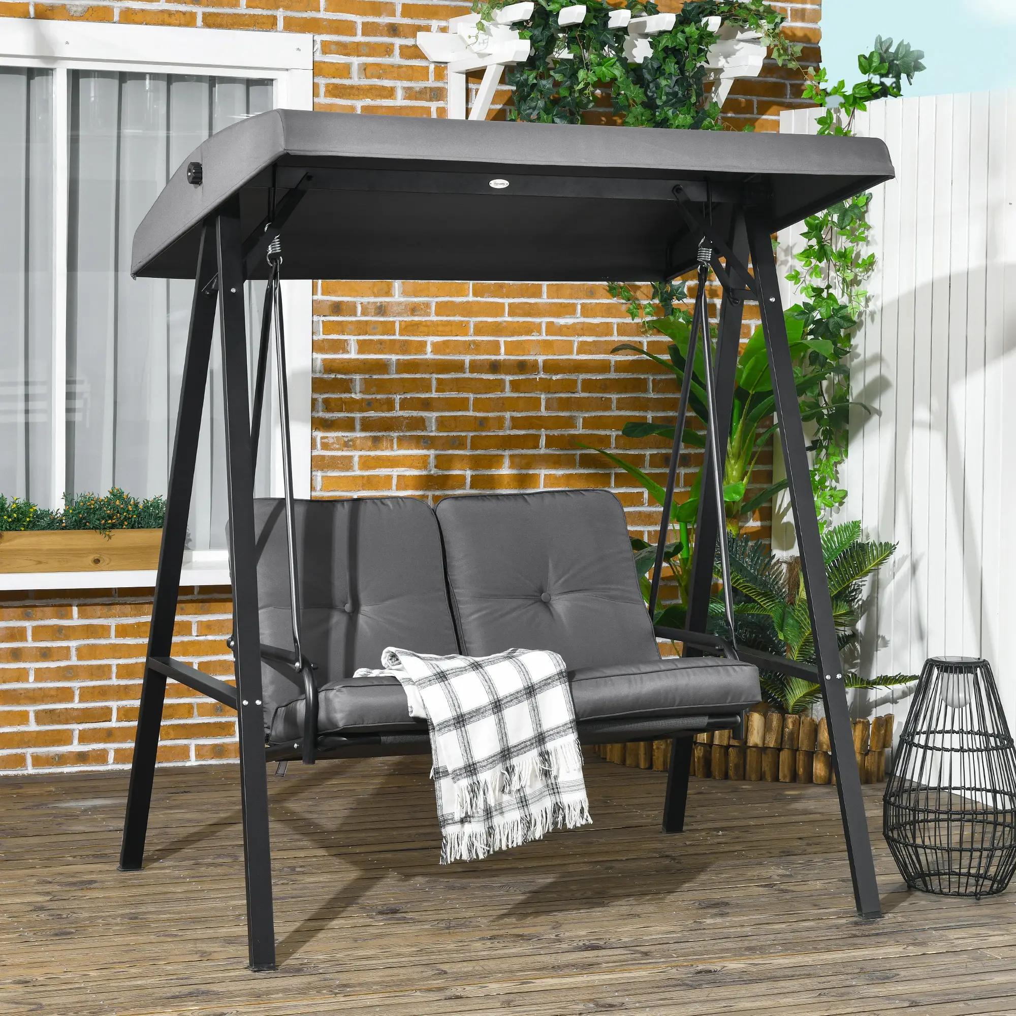 2-Seater Outdoor Swing with Canopy, Patio Chair, Dark Grey - Image 8