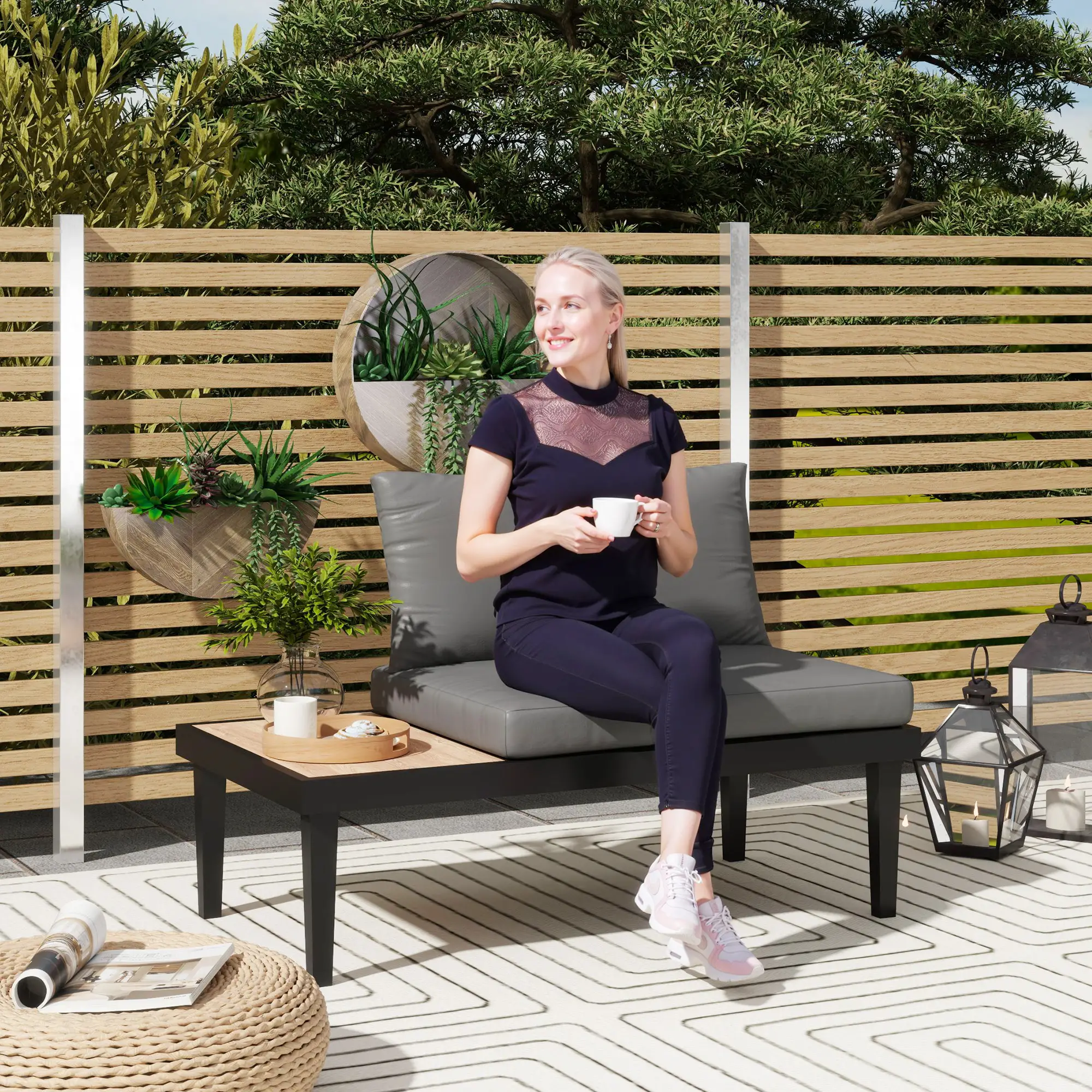 2 Seater Patio Sofa, Outdoor Couch with Wood Tray, Cushions, Grey - Image 2