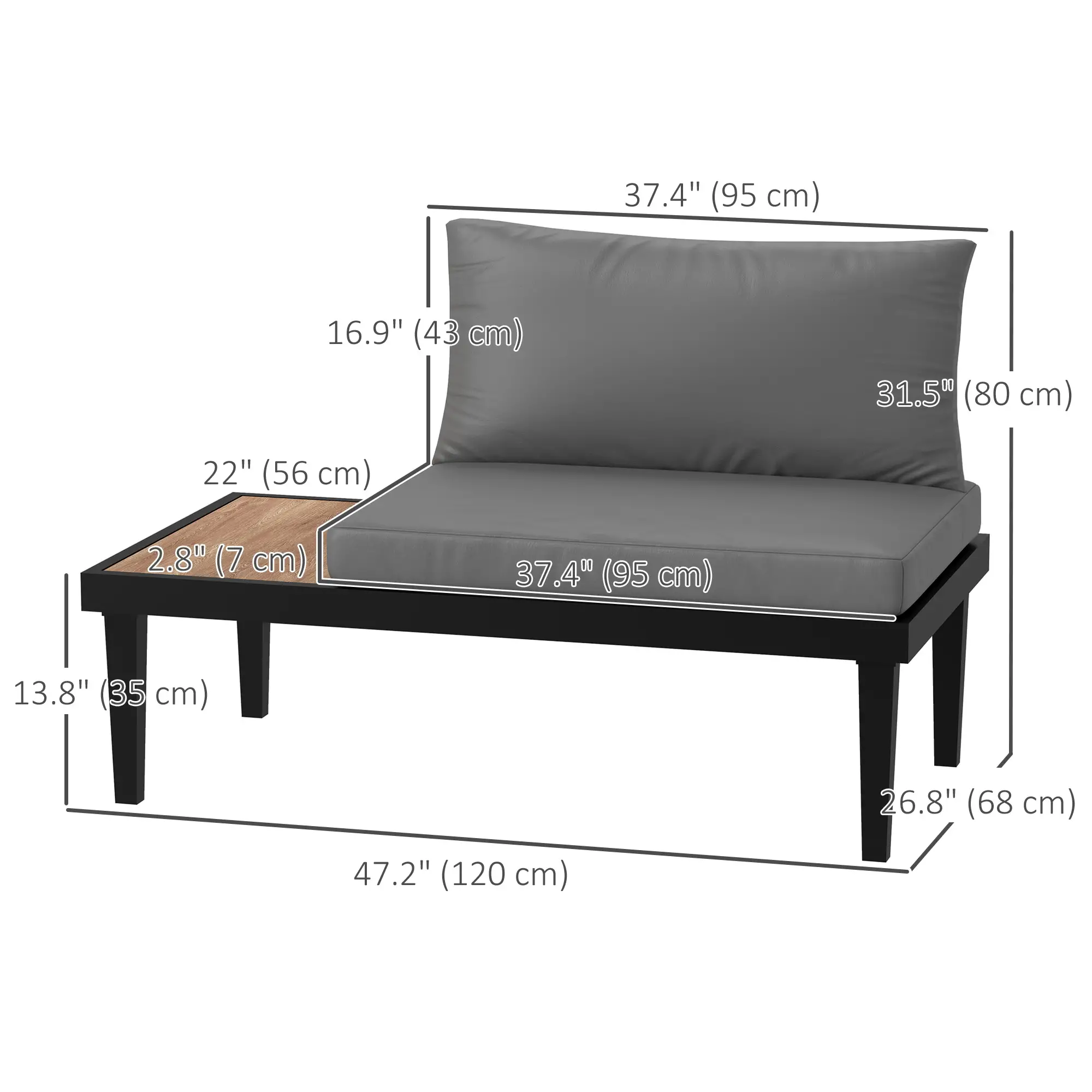 2 Seater Patio Sofa, Outdoor Couch with Wood Tray, Cushions, Grey - Image 3