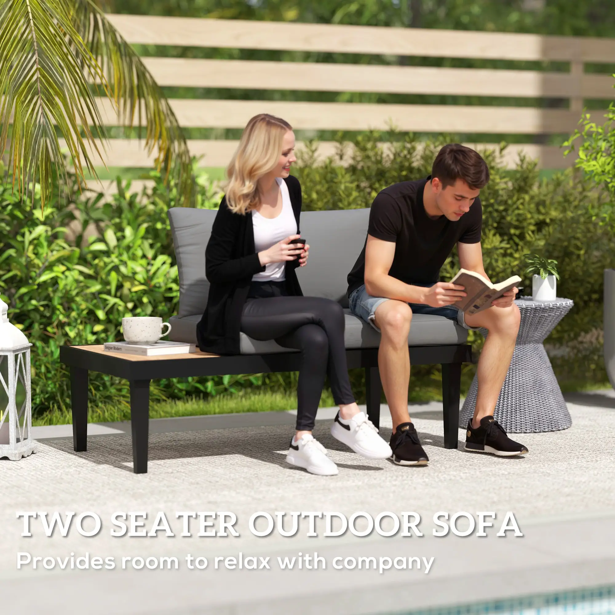 2 Seater Patio Sofa, Outdoor Couch with Wood Tray, Cushions, Grey - Image 4