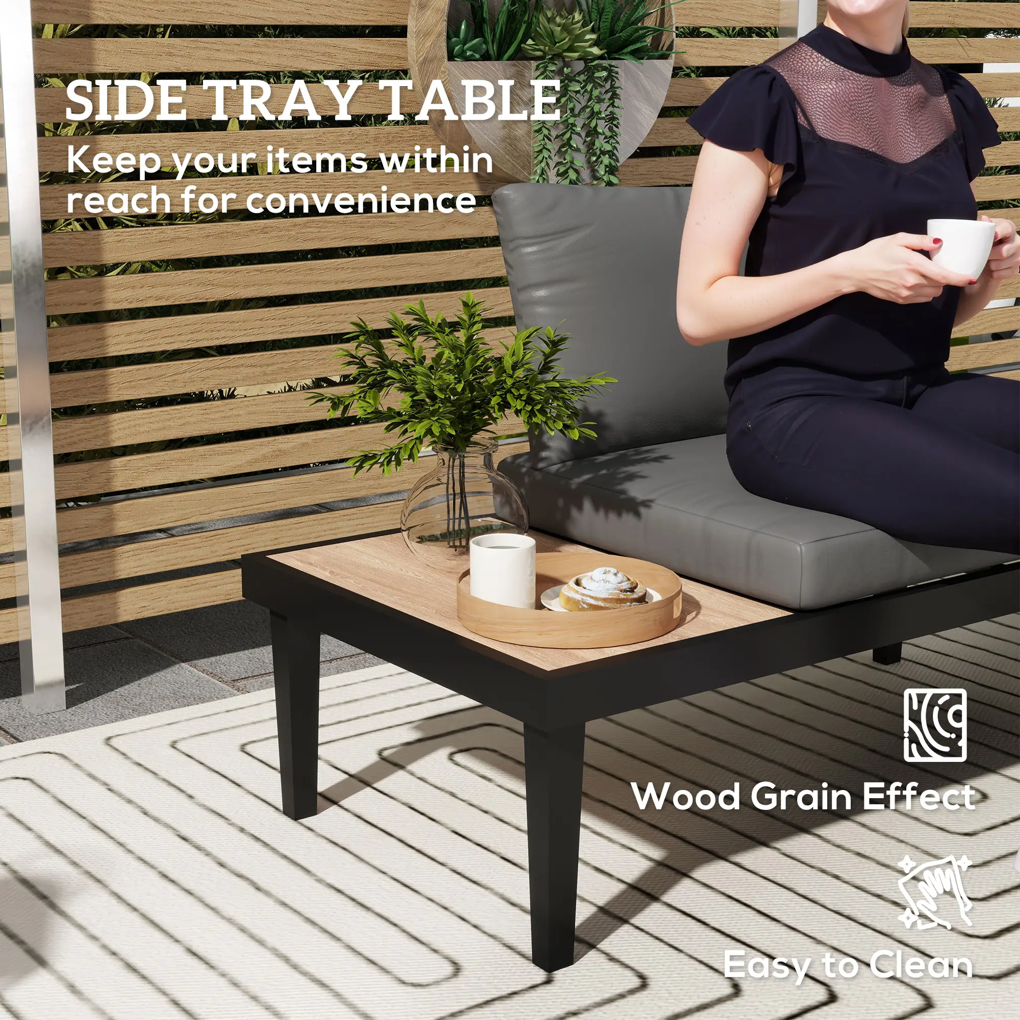 2 Seater Patio Sofa, Outdoor Couch with Wood Tray, Cushions, Grey - Image 5