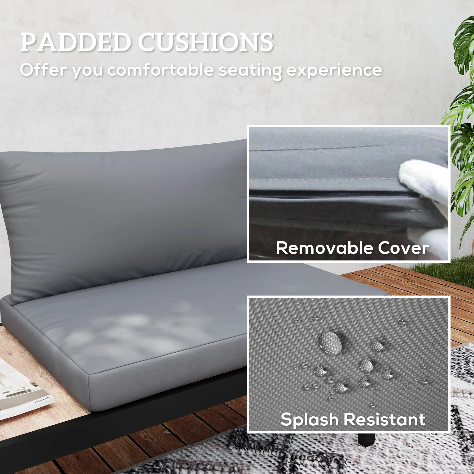 2 Seater Patio Sofa, Outdoor Couch with Wood Tray, Cushions, Grey - Image 6