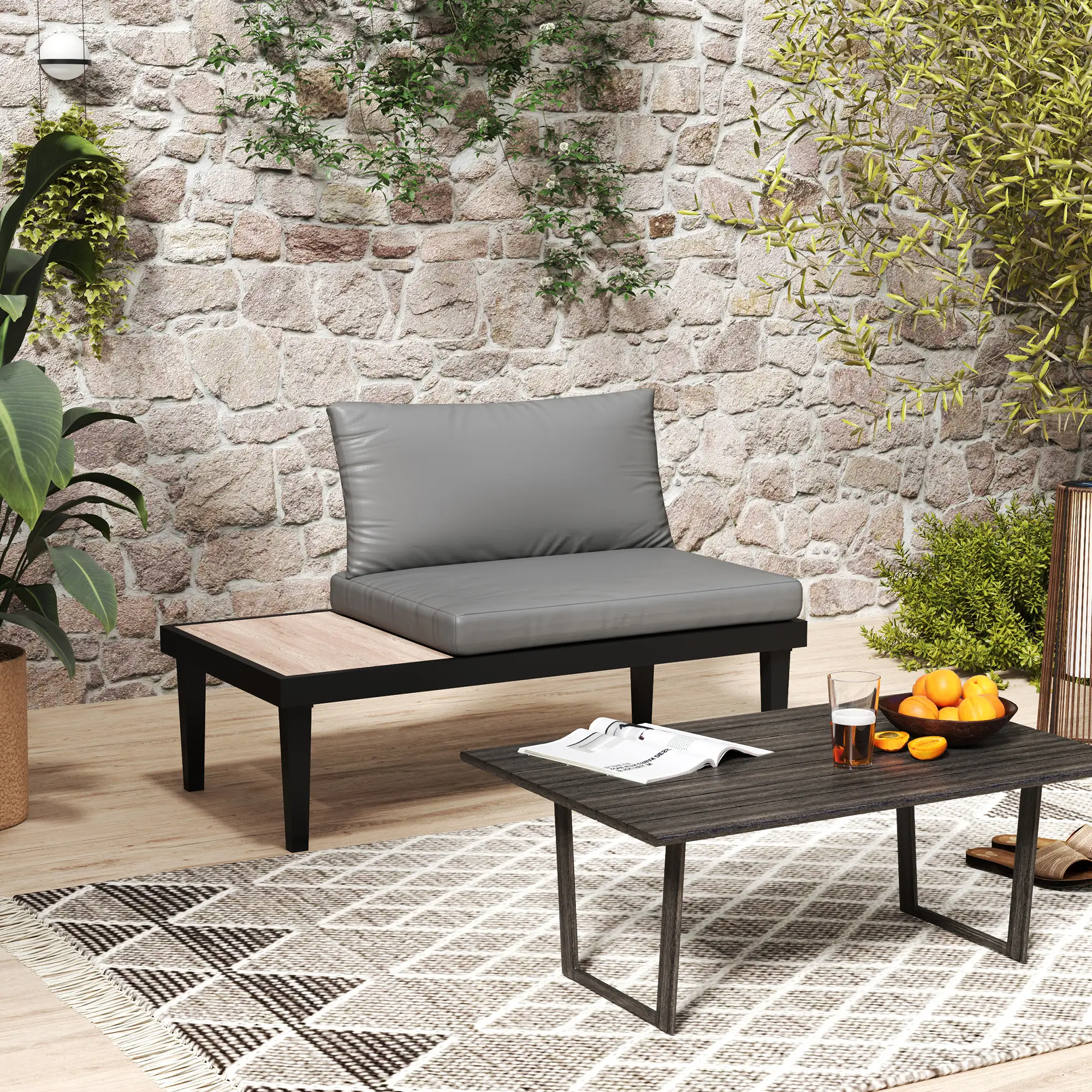 2 Seater Patio Sofa, Outdoor Couch with Wood Tray, Cushions, Grey - Image 8