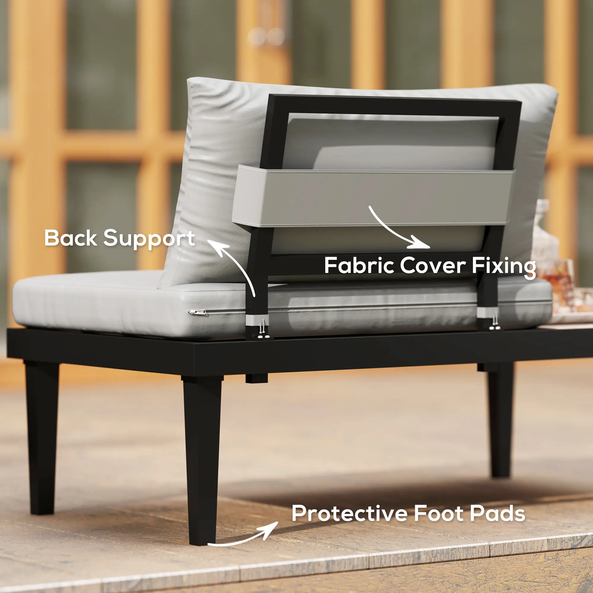 2 Seater Patio Sofa, Outdoor Couch with Wood Tray, Cushions, Grey - Image 9