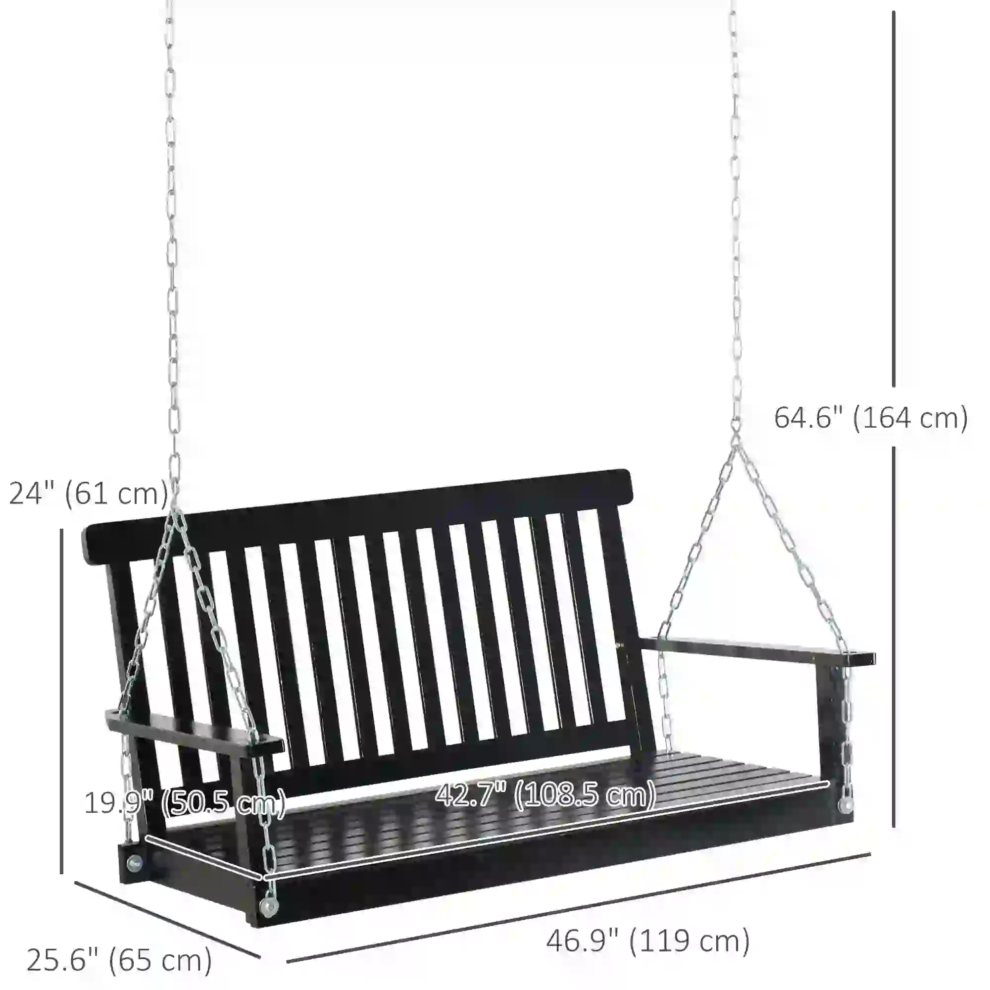 2-Seater Patio Swing Chair, Fir Wooden Porch Swing, Outdoor Garden, Black - Image 3