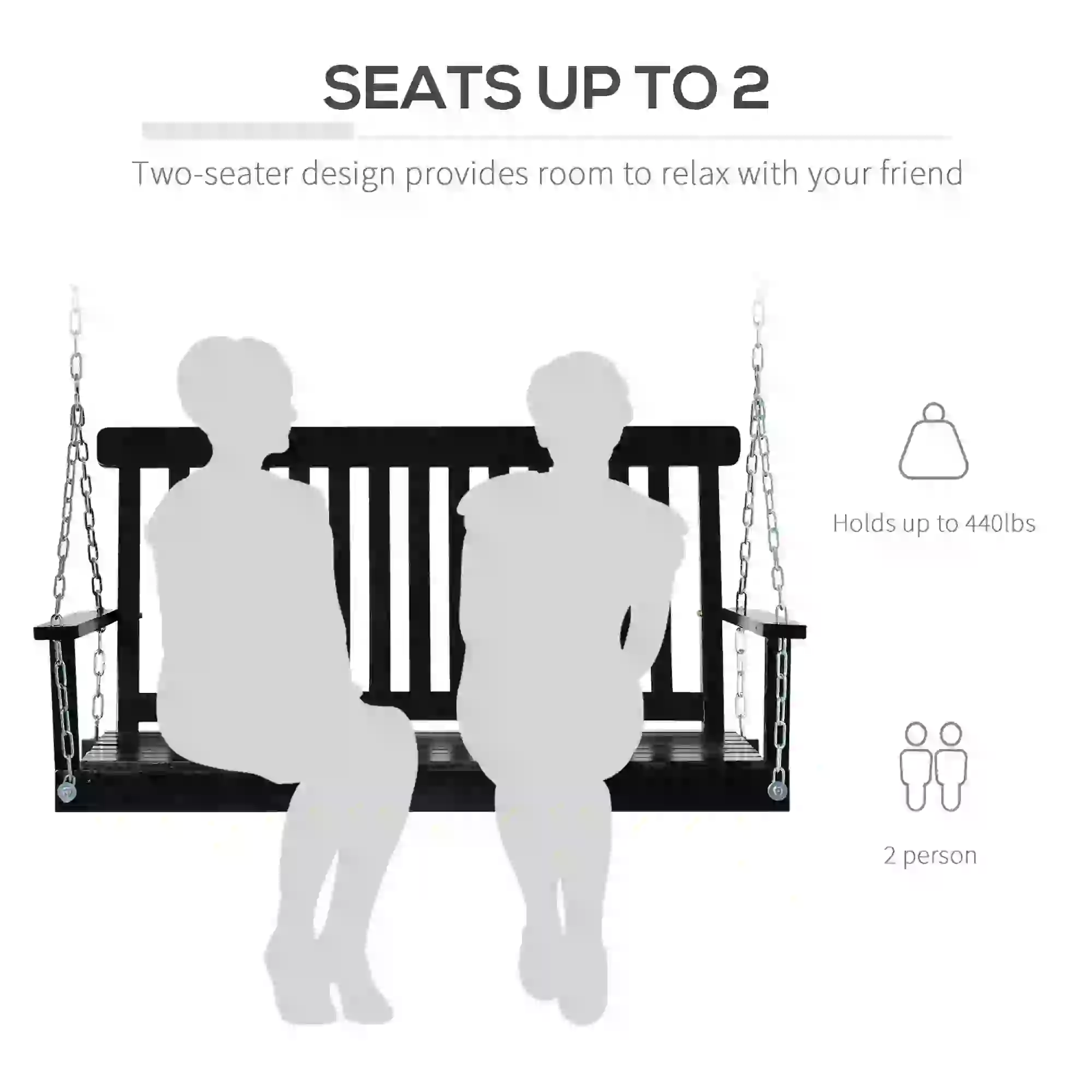 2-Seater Patio Swing Chair, Fir Wooden Porch Swing, Outdoor Garden, Black - Image 5