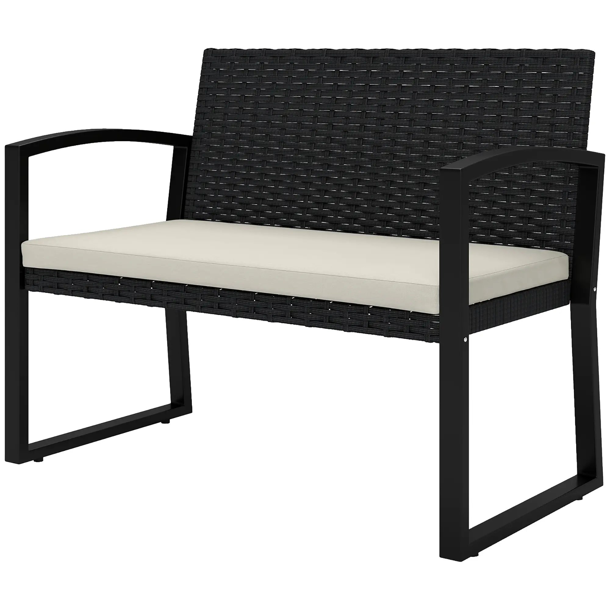 2 Seater Rattan Garden Bench Loveseat, With Cushion And Armrests, Beige