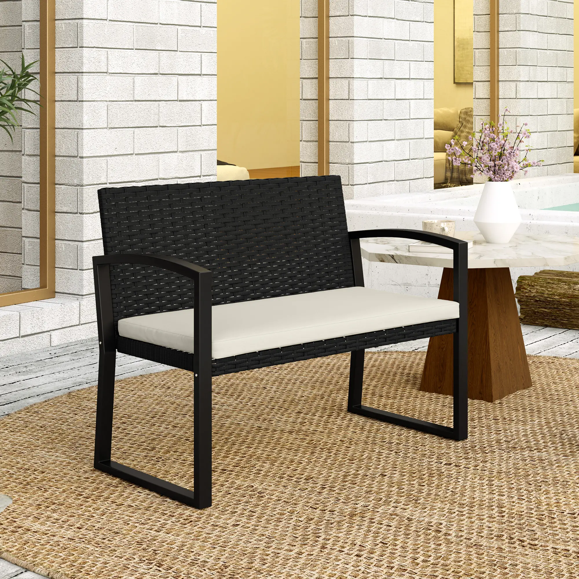 2 Seater Rattan Garden Bench Loveseat, With Cushion And Armrests, Beige - Image 10