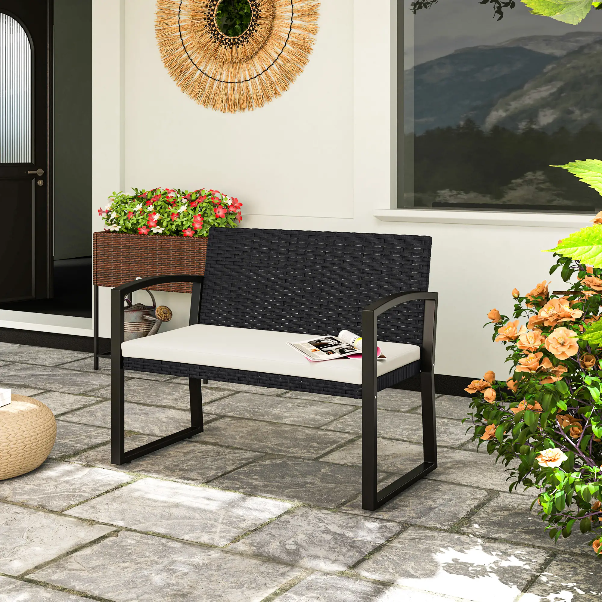 2 Seater Rattan Garden Bench Loveseat, With Cushion And Armrests, Beige - Image 2