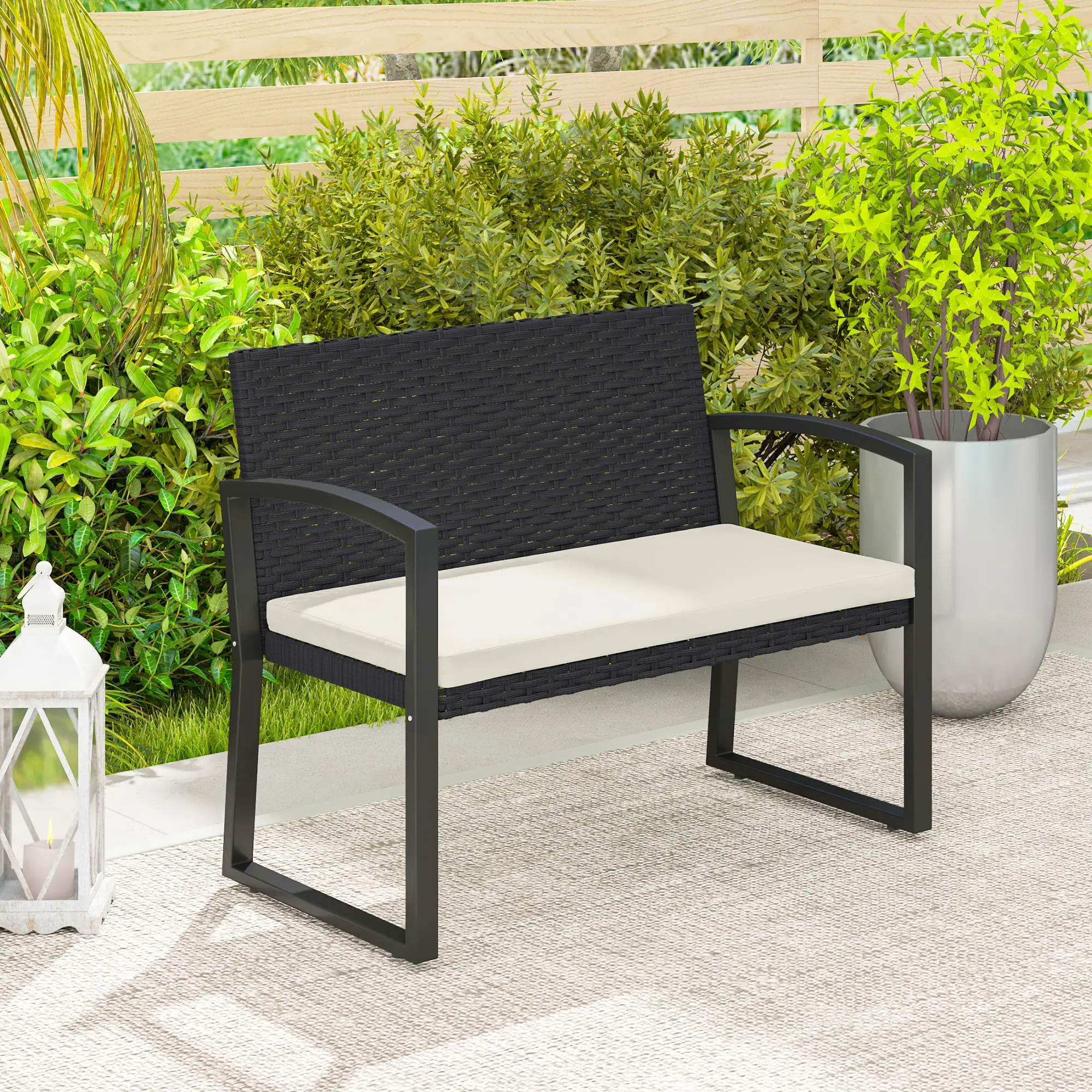 2 Seater Rattan Garden Bench Loveseat, With Cushion And Armrests, Beige - Image 8