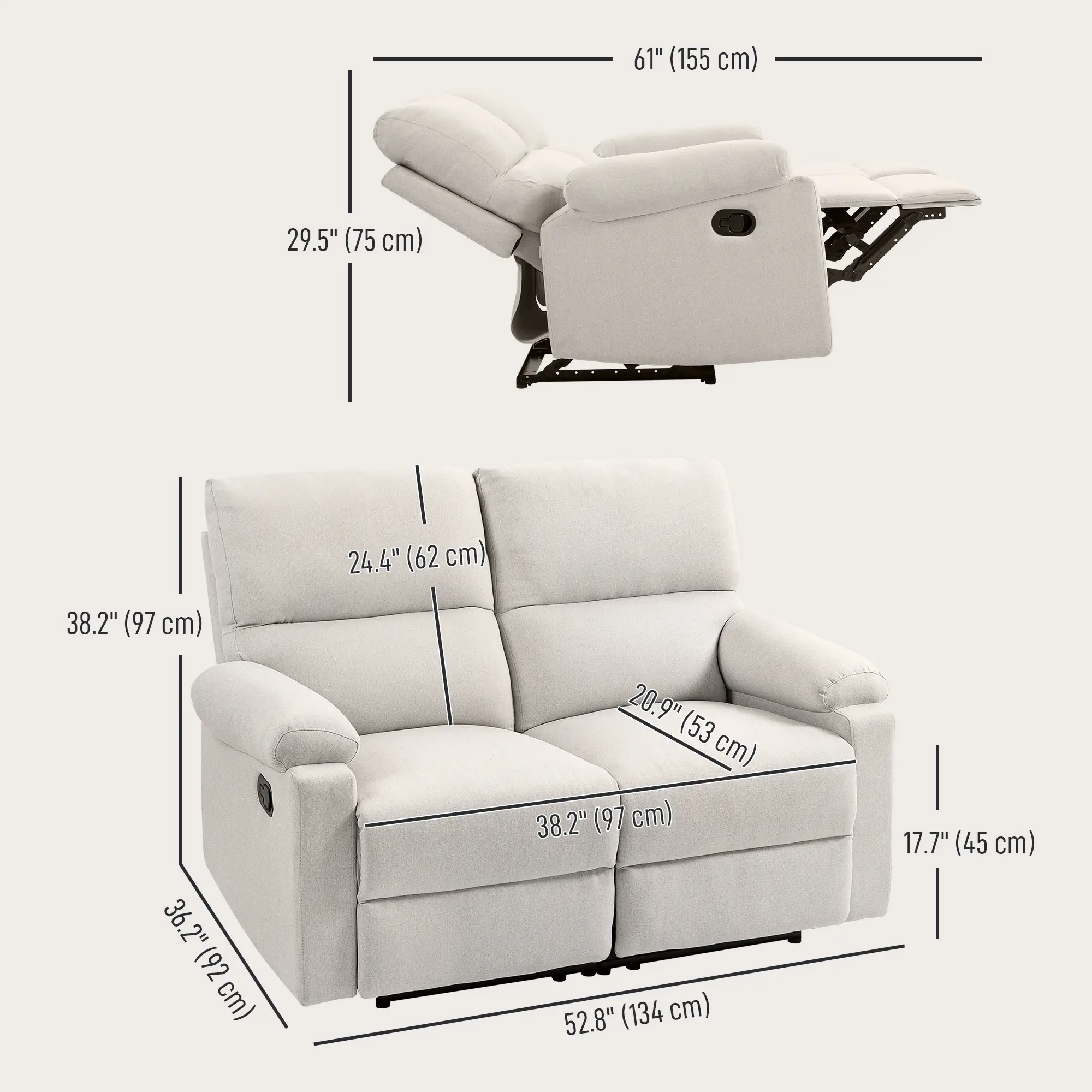 2 Seater Reclining Chair, Loveseat with Footrest, Cream White - Image 3