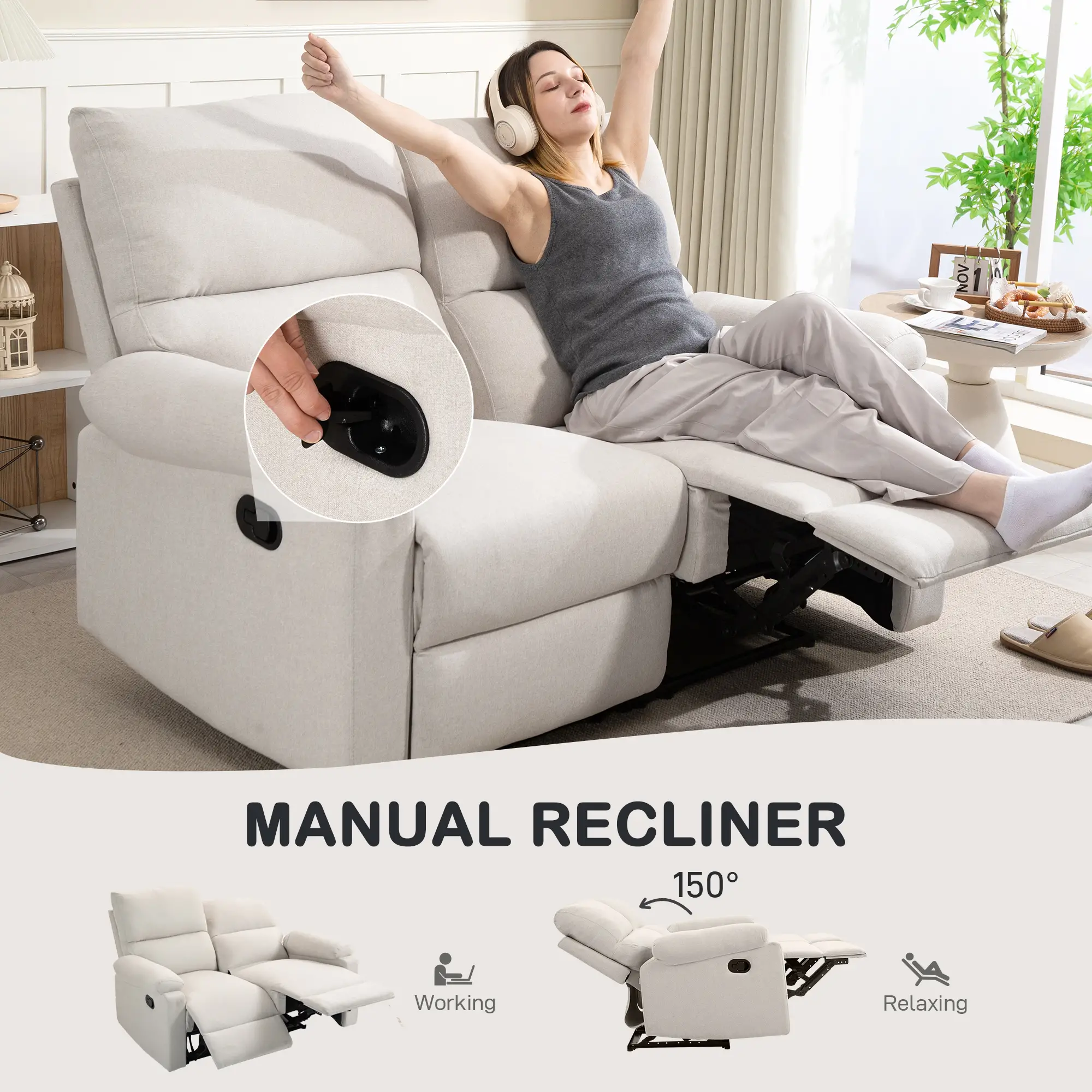 2 Seater Reclining Chair, Loveseat with Footrest, Cream White - Image 4