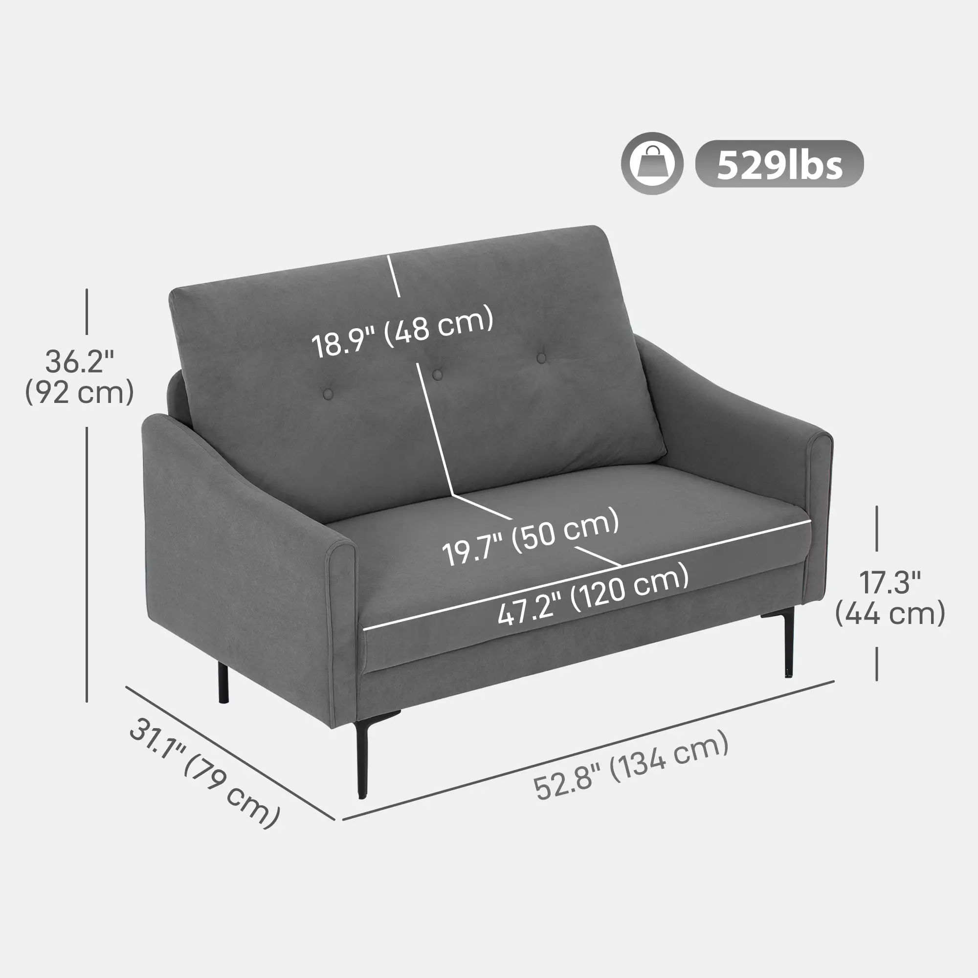 2 Seater Sofa, Small Size, Modern Couch with High-Resilience Foam, Grey - Image 3