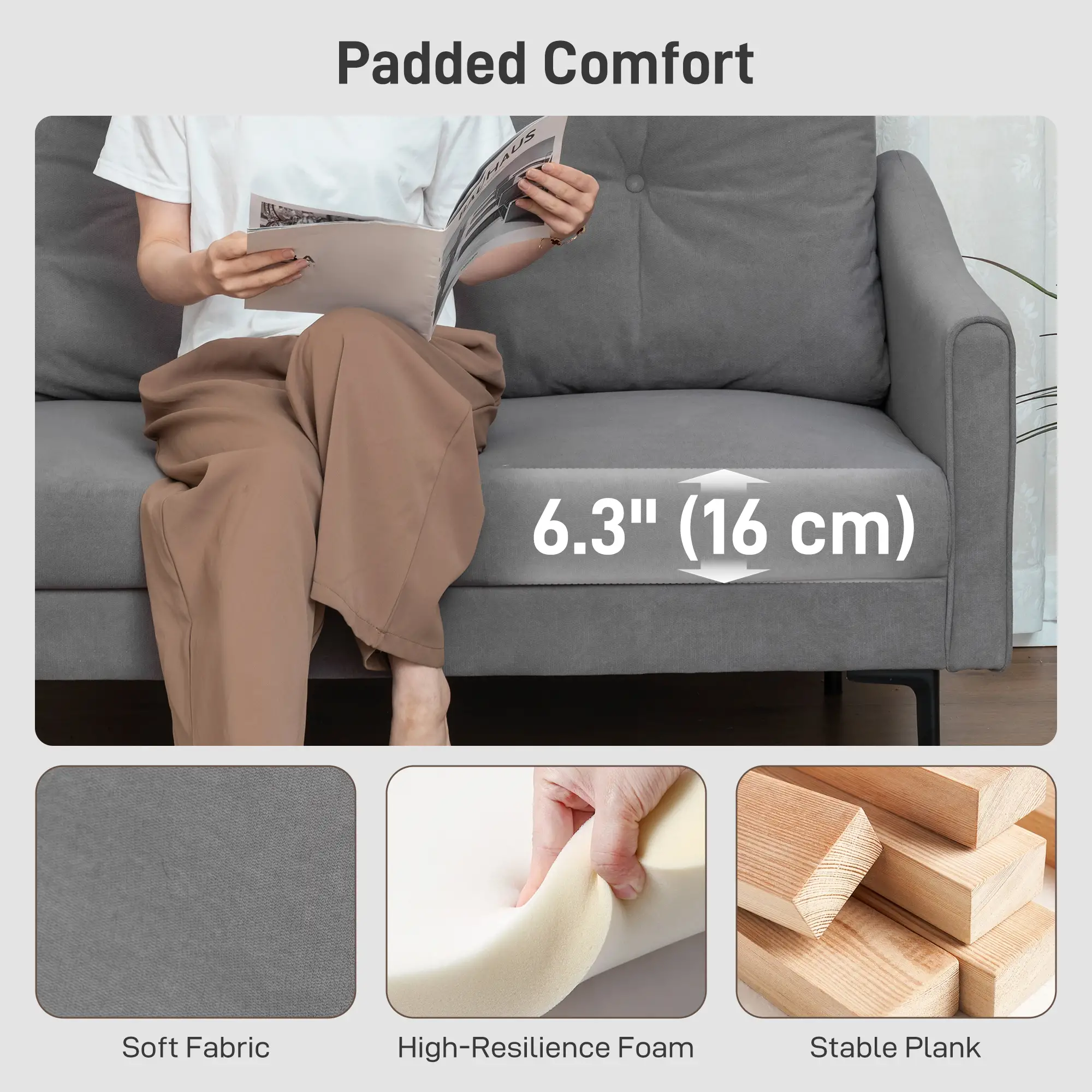 2 Seater Sofa, Small Size, Modern Couch with High-Resilience Foam, Grey - Image 4