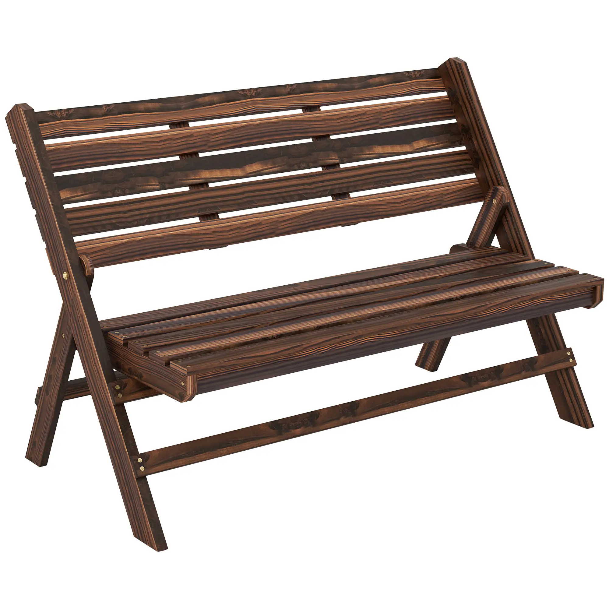 2-Seater Wooden Outdoor Bench, Foldable, Slatted Backrest, Carbonised Finish