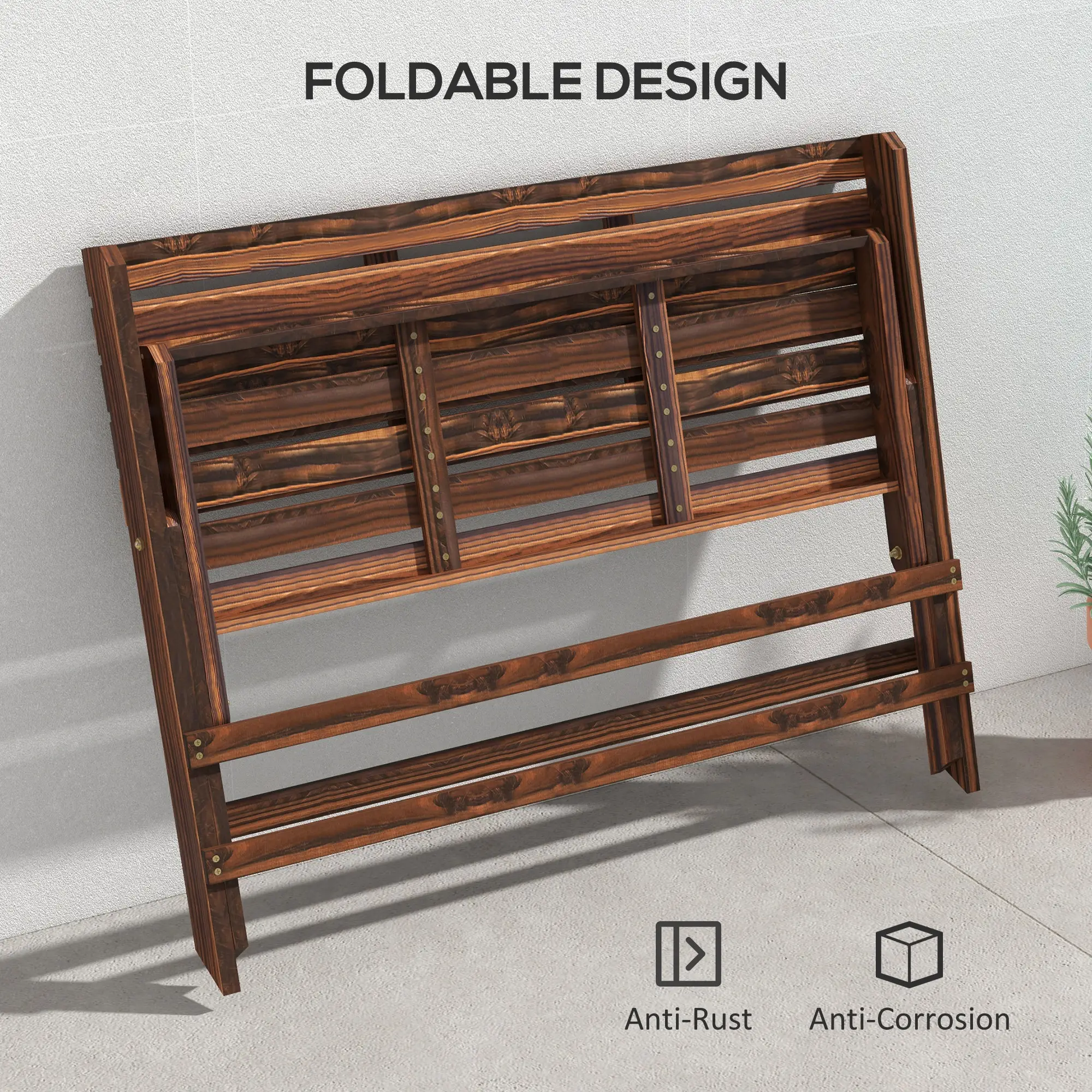2-Seater Wooden Outdoor Bench, Foldable, Slatted Backrest, Carbonised Finish - Image 6
