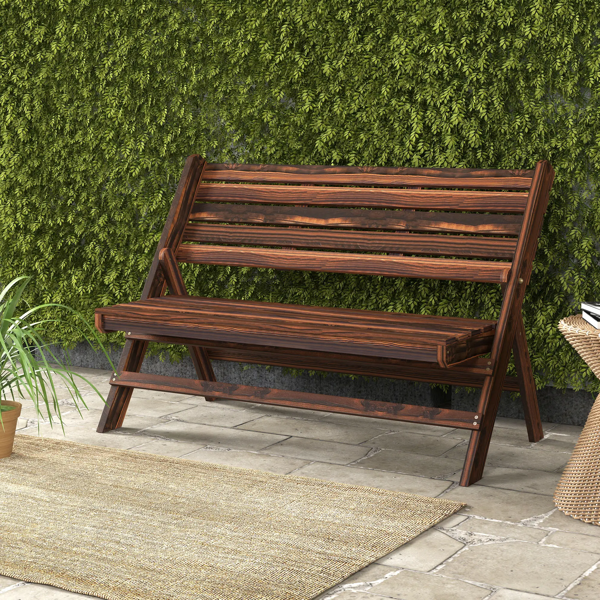 2-Seater Wooden Outdoor Bench, Foldable, Slatted Backrest, Carbonised Finish - Image 8