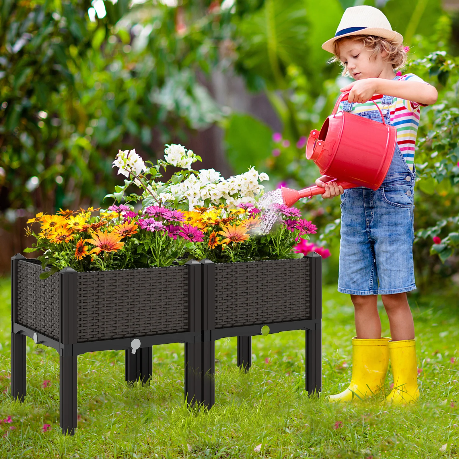 2 Set Elevated Plastic Raised Garden Bed Planter Kit, Brown - Image 2