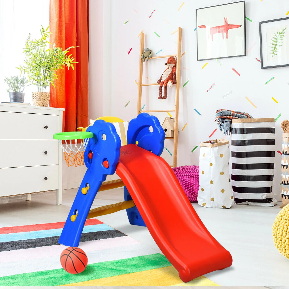 2 Step Kids Plastic Folding Slide With Basketball Hoop, Multicolor - Image 2