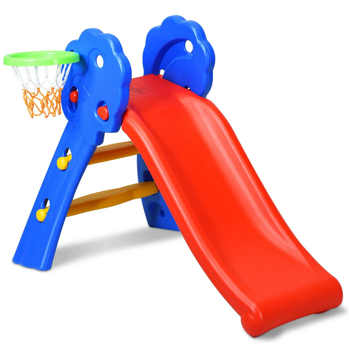 2 Step Kids Plastic Folding Slide With Basketball Hoop, Multicolor - Image 3