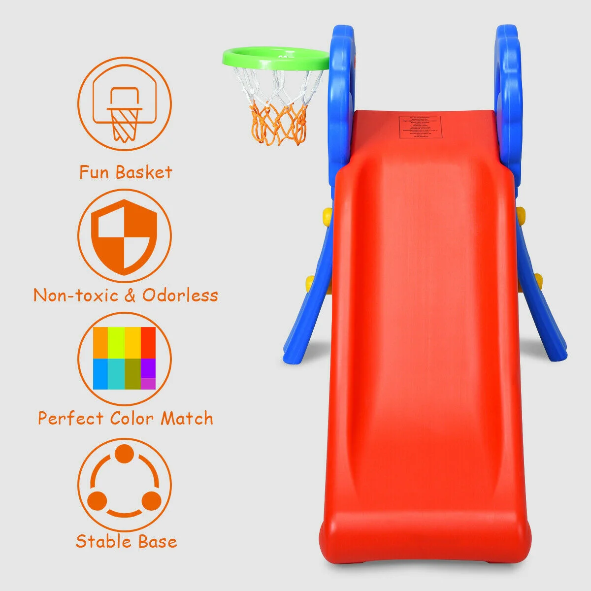 2 Step Kids Plastic Folding Slide With Basketball Hoop, Multicolor - Image 4
