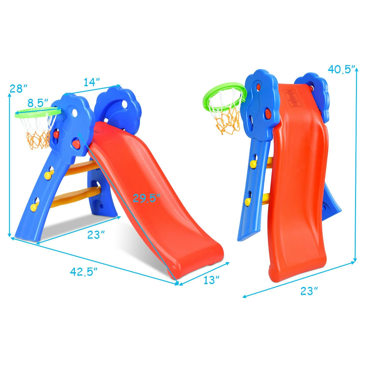 2 Step Kids Plastic Folding Slide With Basketball Hoop, Multicolor - Image 5