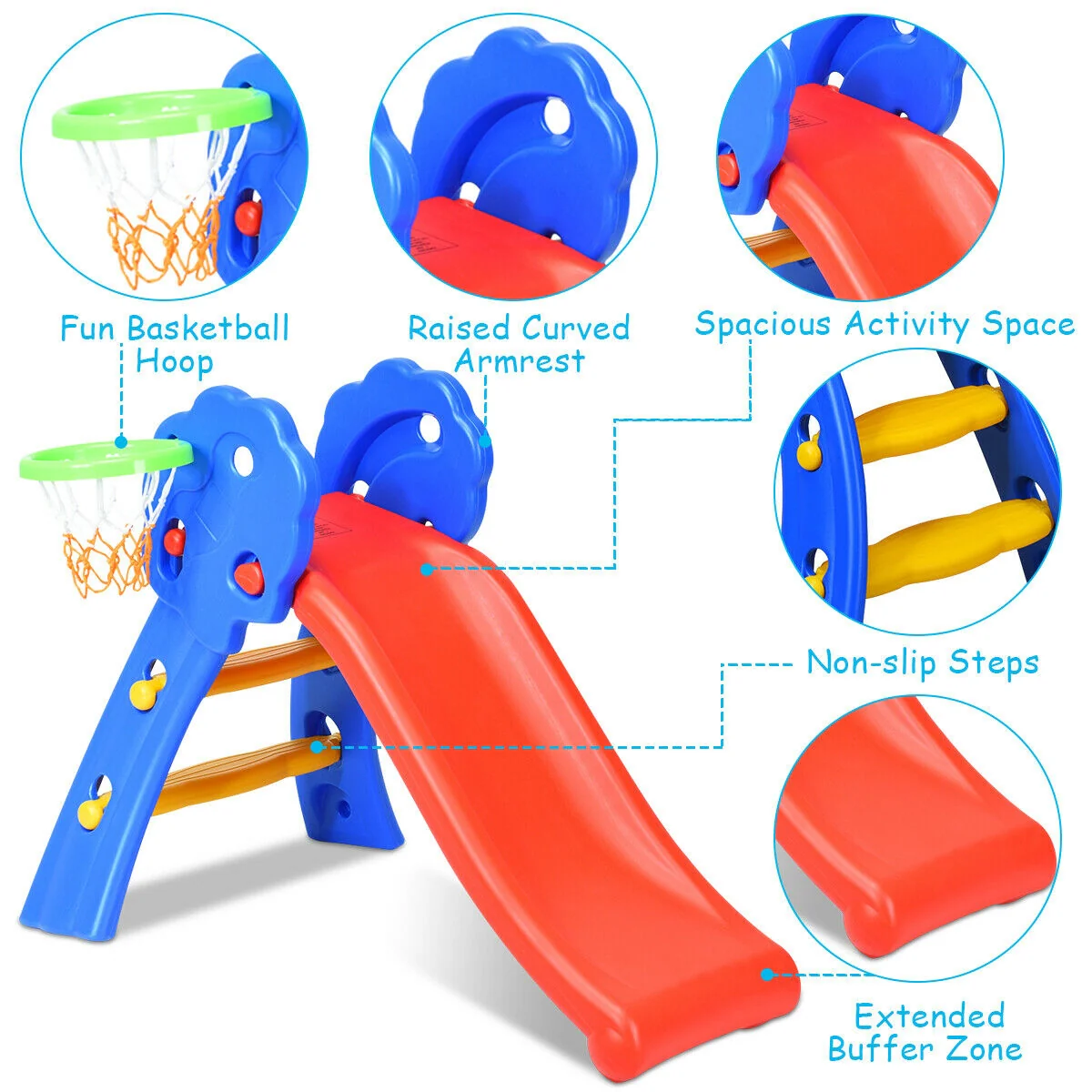 2 Step Kids Plastic Folding Slide With Basketball Hoop, Multicolor - Image 6