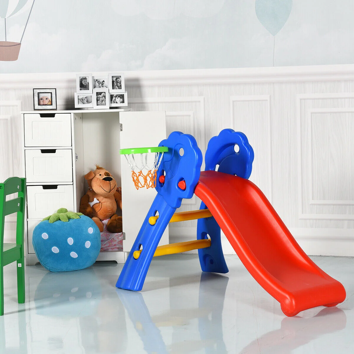 2 Step Kids Plastic Folding Slide With Basketball Hoop, Multicolor - Image 8