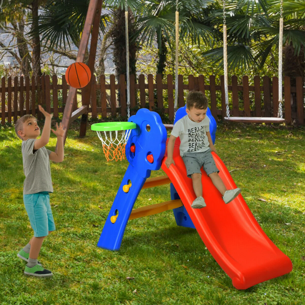 2 Step Kids Plastic Folding Slide With Basketball Hoop, Multicolor - Image 9
