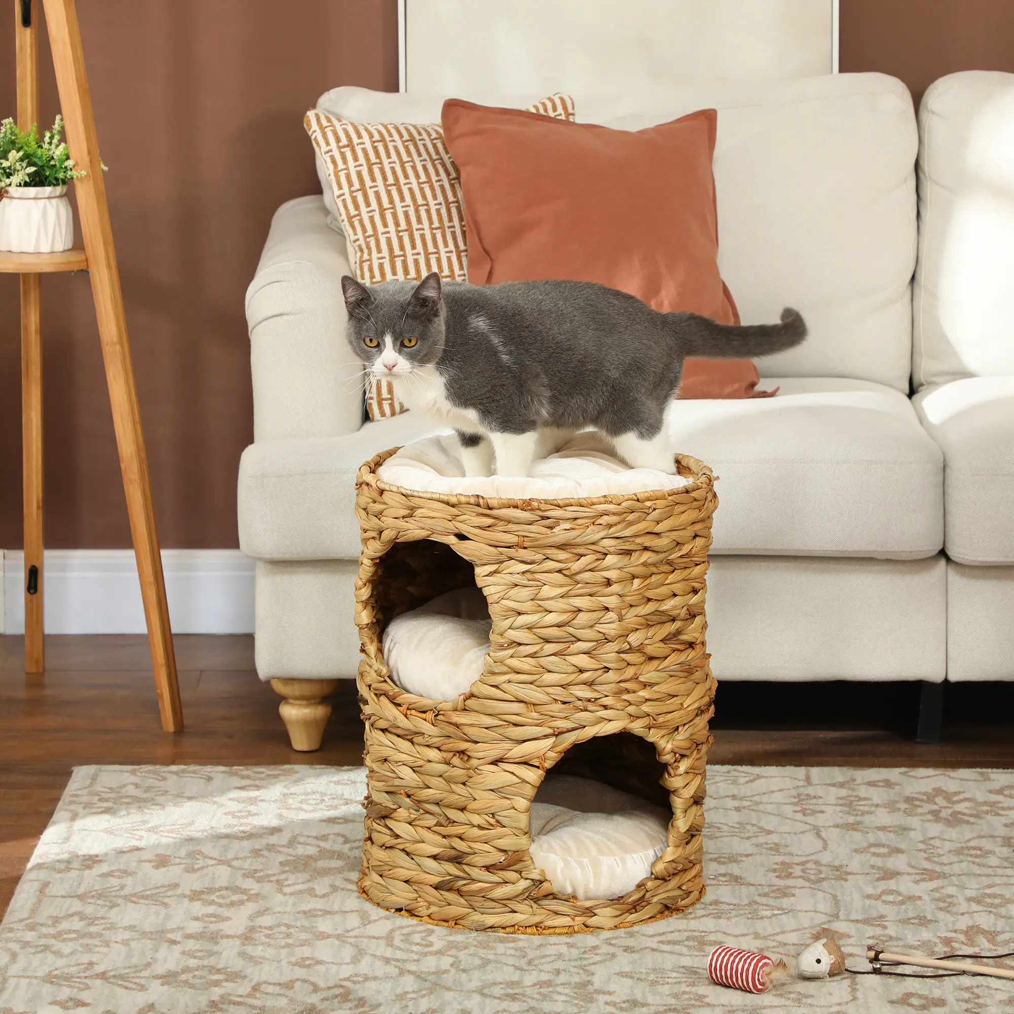 2-Storey Cat Condo Barrel, Small Cat Tree Tower, Light Brown - Image 2