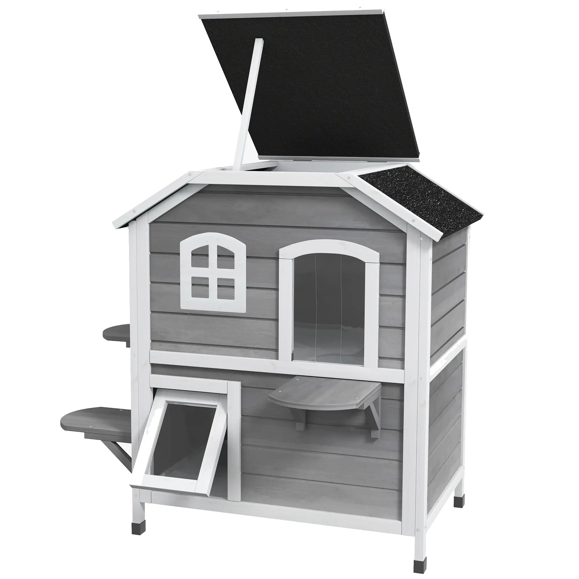2-Storey Outdoor Cat House, Wooden Catio, Openable Roof, Grey - Image 11