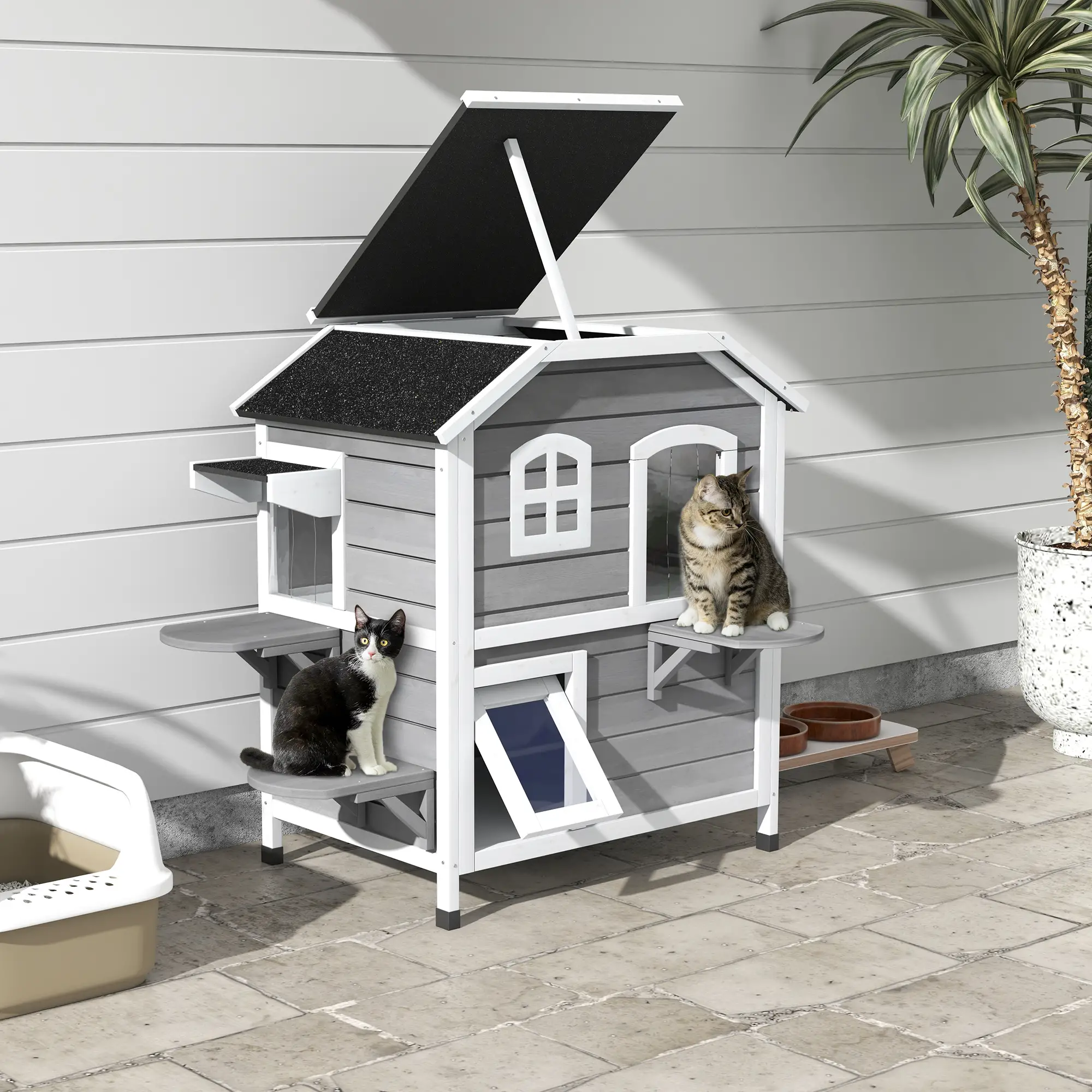 2-Storey Outdoor Cat House, Wooden Catio, Openable Roof, Grey - Image 2