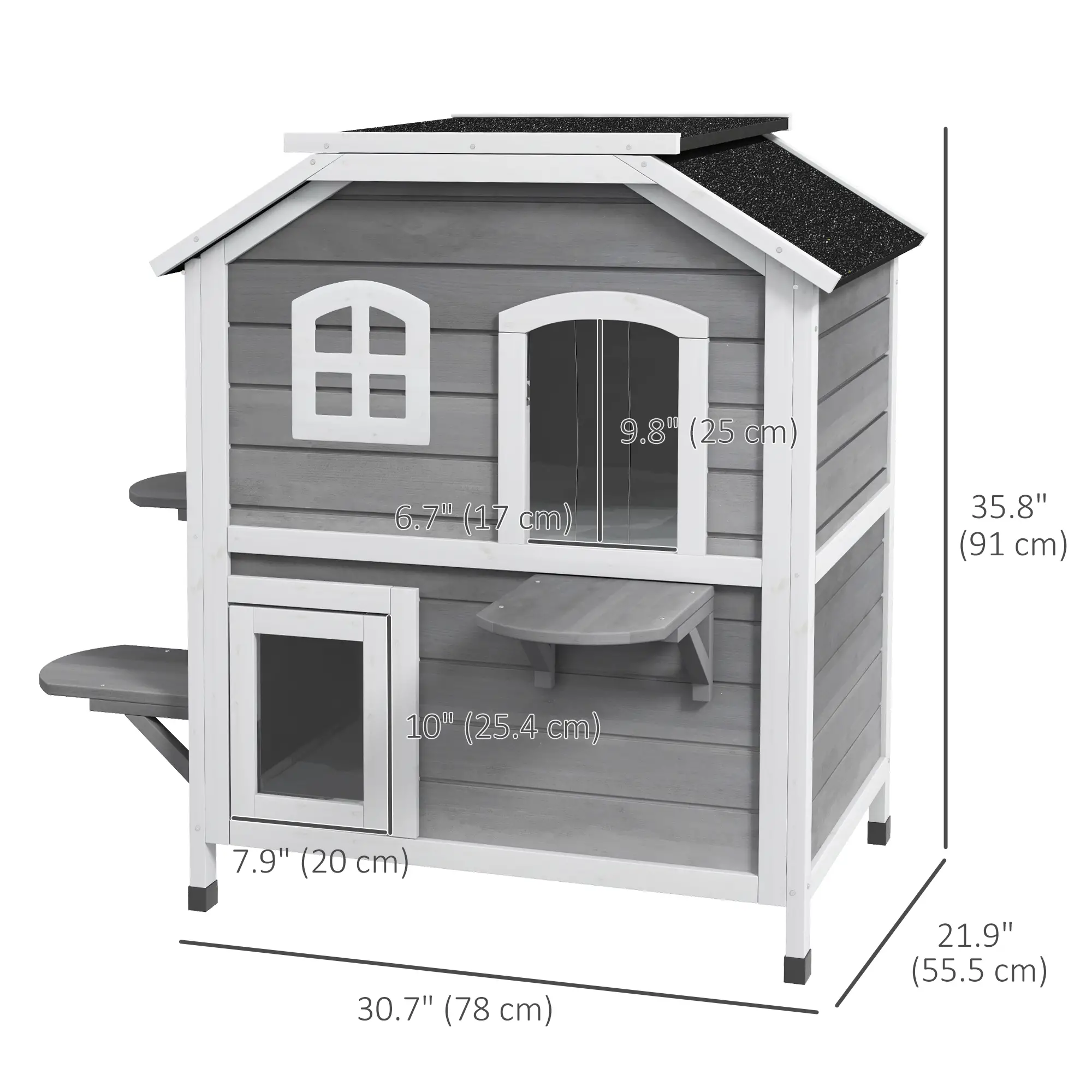 2-Storey Outdoor Cat House, Wooden Catio, Openable Roof, Grey - Image 3