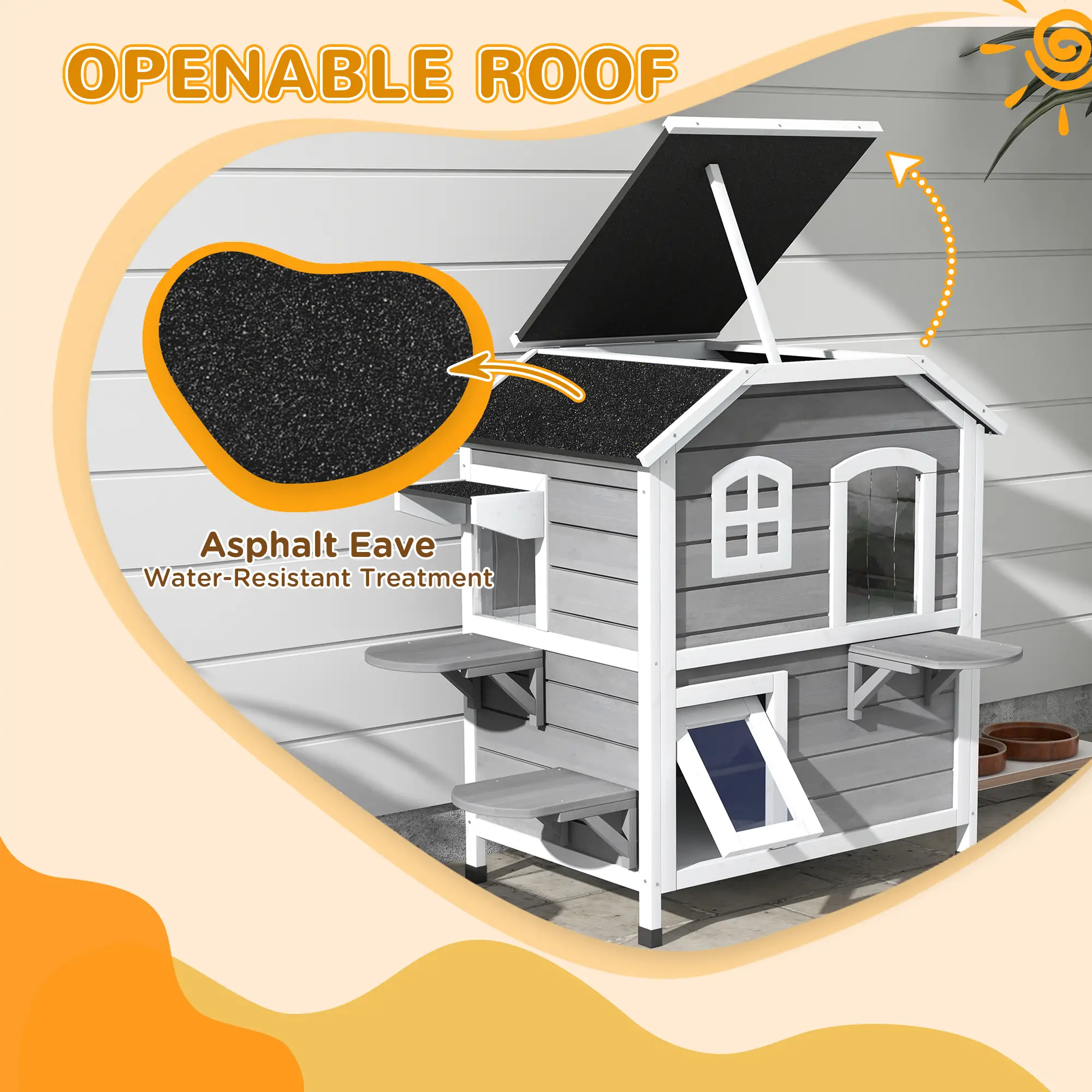 2-Storey Outdoor Cat House, Wooden Catio, Openable Roof, Grey - Image 4
