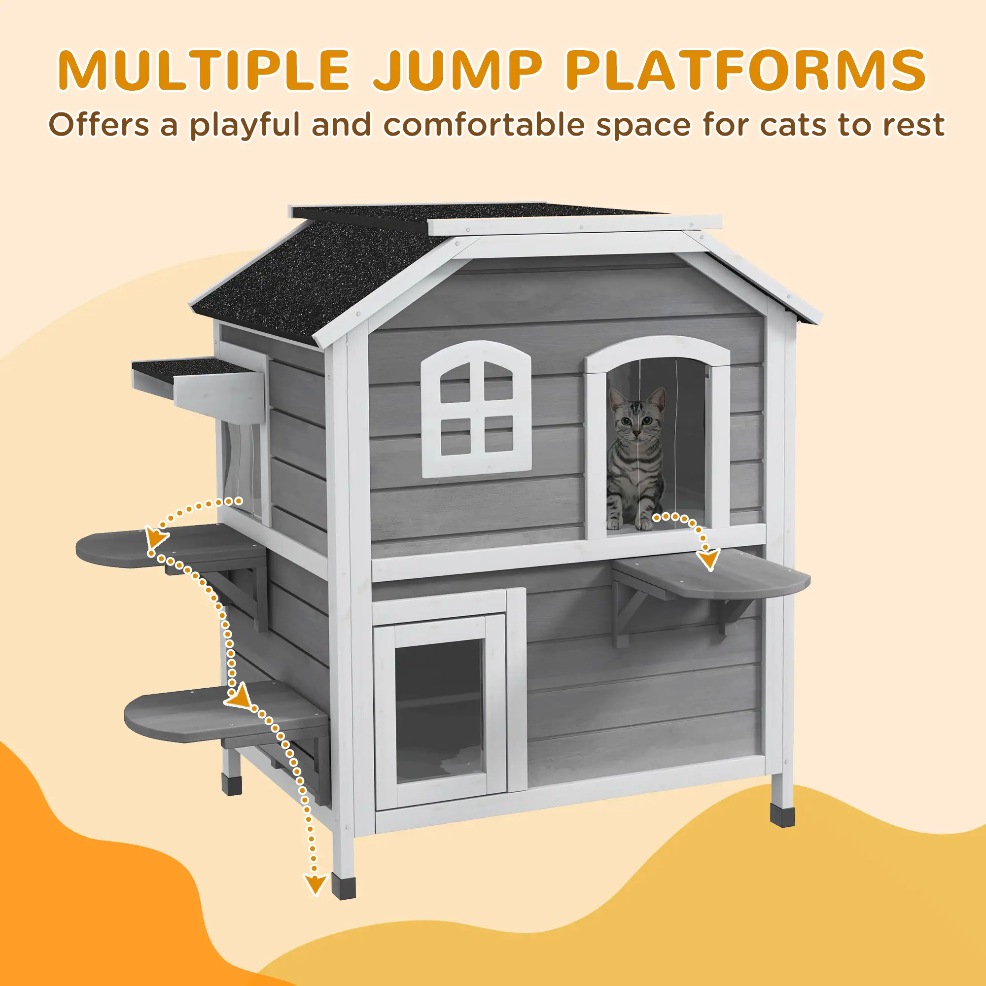 2-Storey Outdoor Cat House, Wooden Catio, Openable Roof, Grey - Image 7
