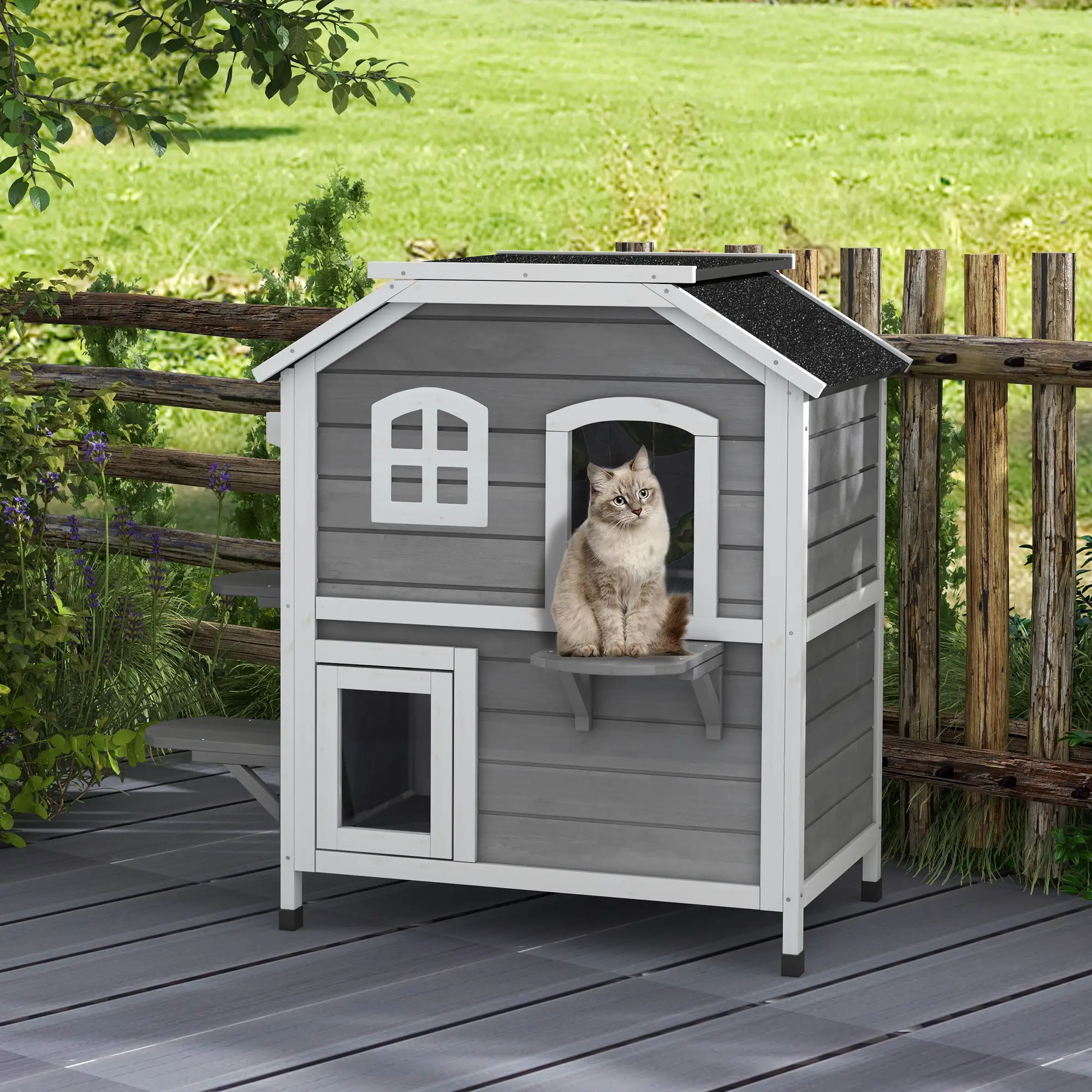 2-Storey Outdoor Cat House, Wooden Catio, Openable Roof, Grey - Image 8