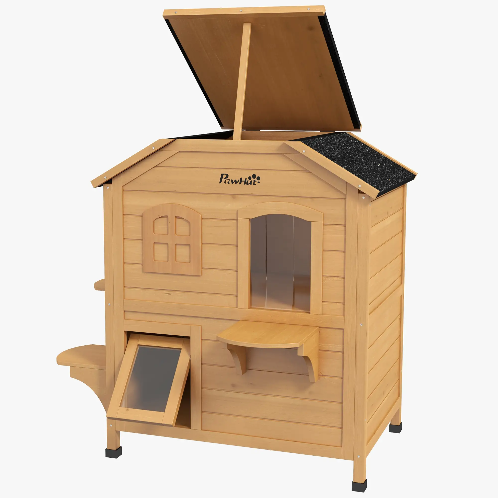 2-Storey Outdoor Cat House, Wooden Catio, Openable Roof, Yellow - Image 11
