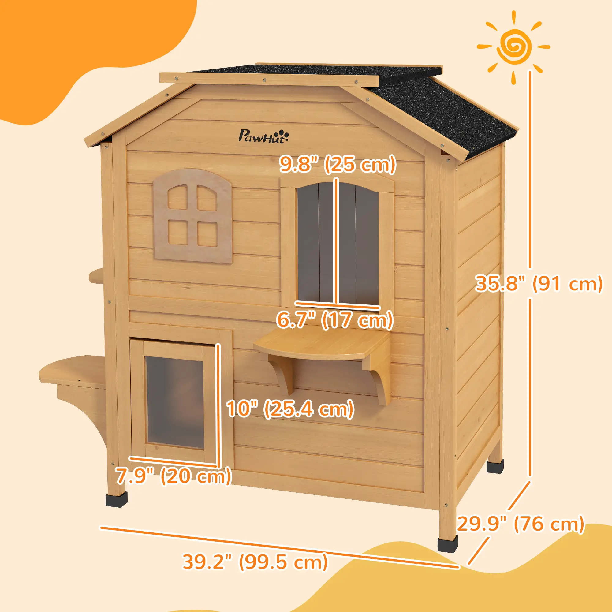 2-Storey Outdoor Cat House, Wooden Catio, Openable Roof, Yellow - Image 3