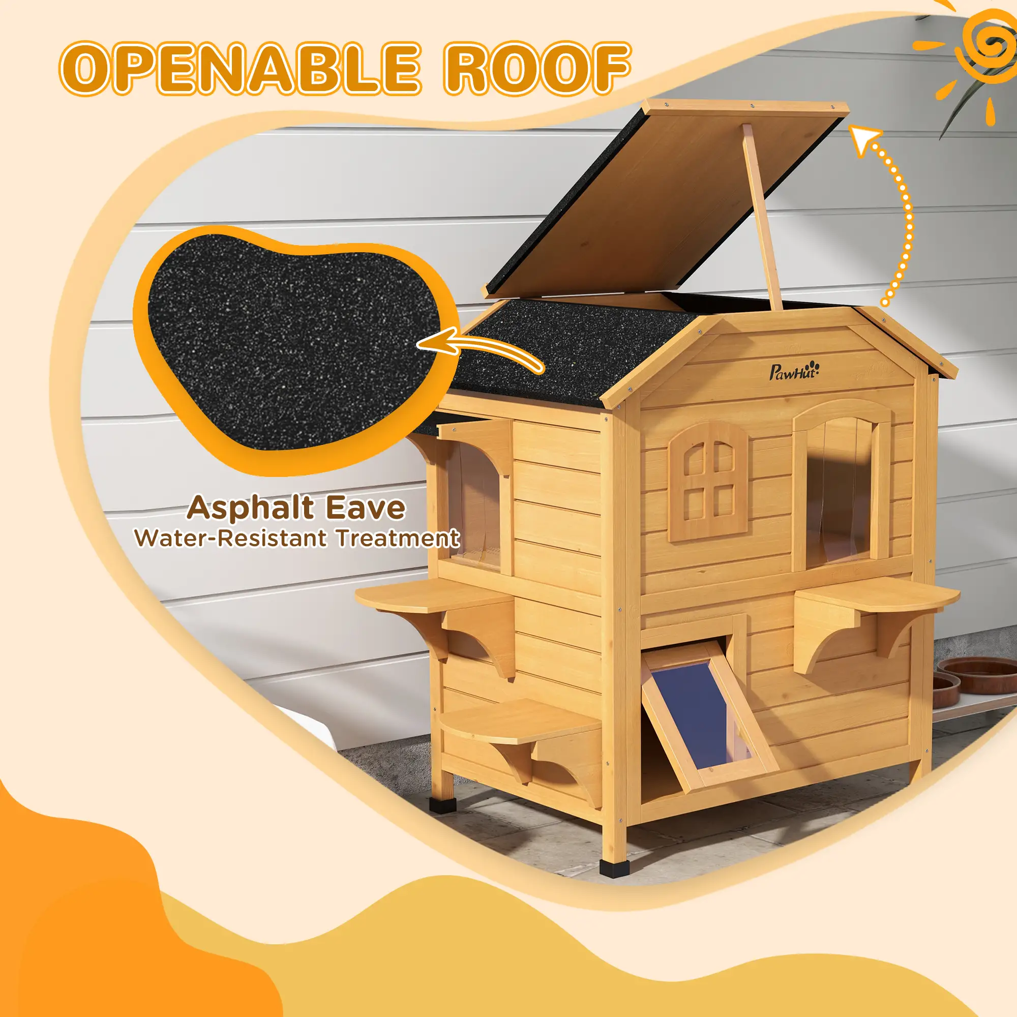 2-Storey Outdoor Cat House, Wooden Catio, Openable Roof, Yellow - Image 4