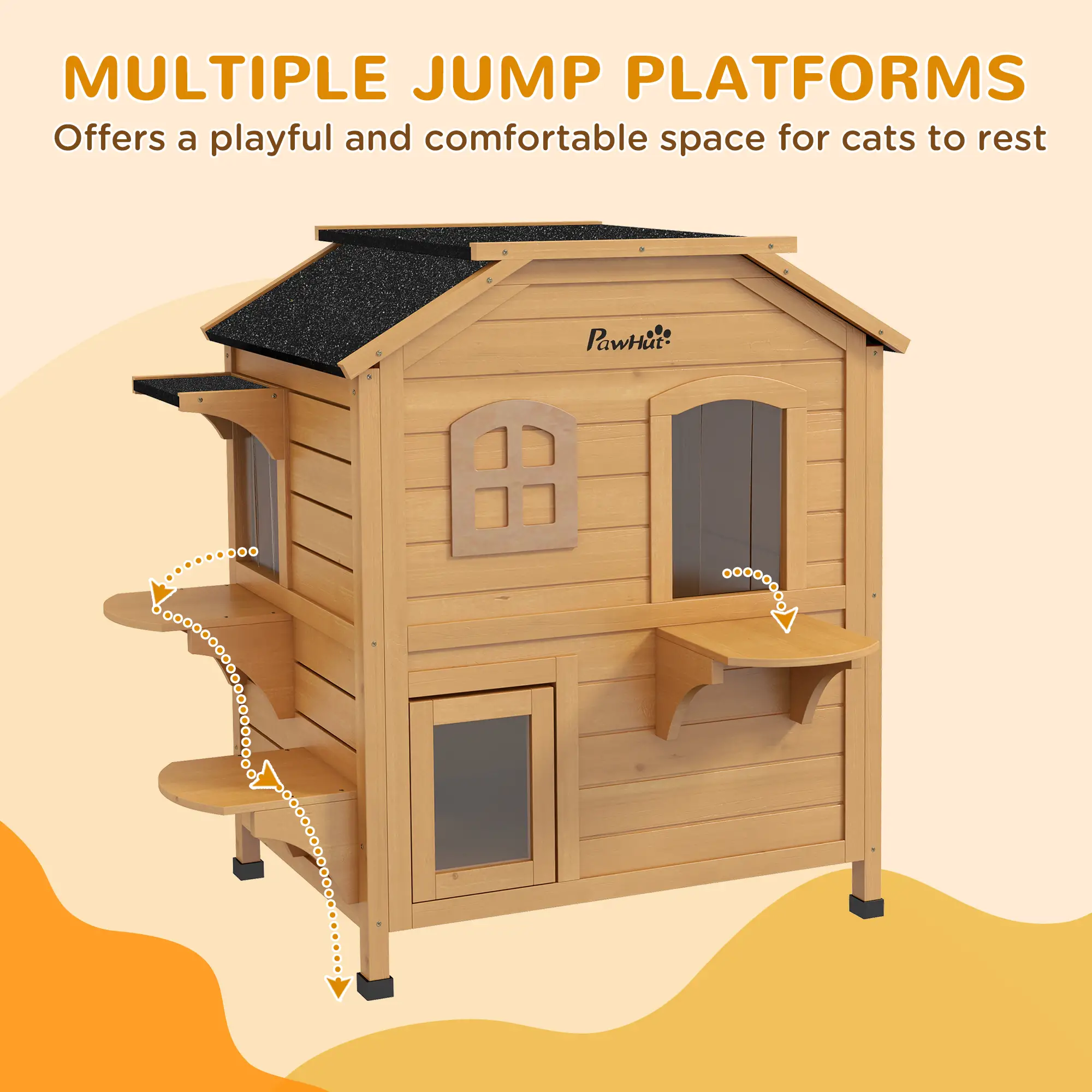 2-Storey Outdoor Cat House, Wooden Catio, Openable Roof, Yellow - Image 7