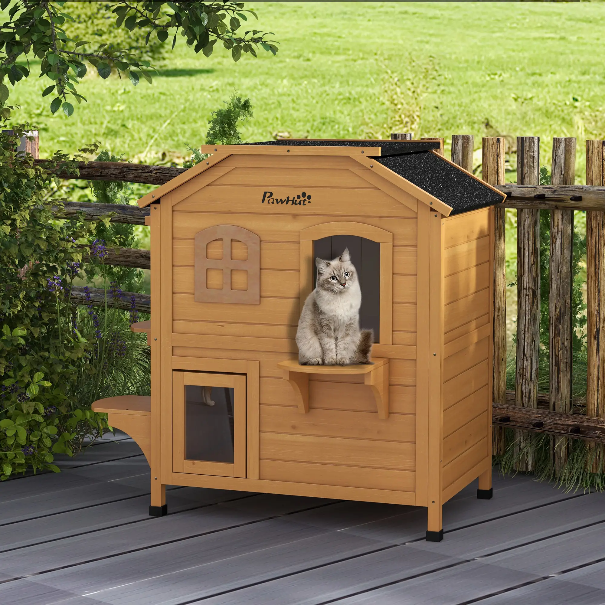 2-Storey Outdoor Cat House, Wooden Catio, Openable Roof, Yellow - Image 8
