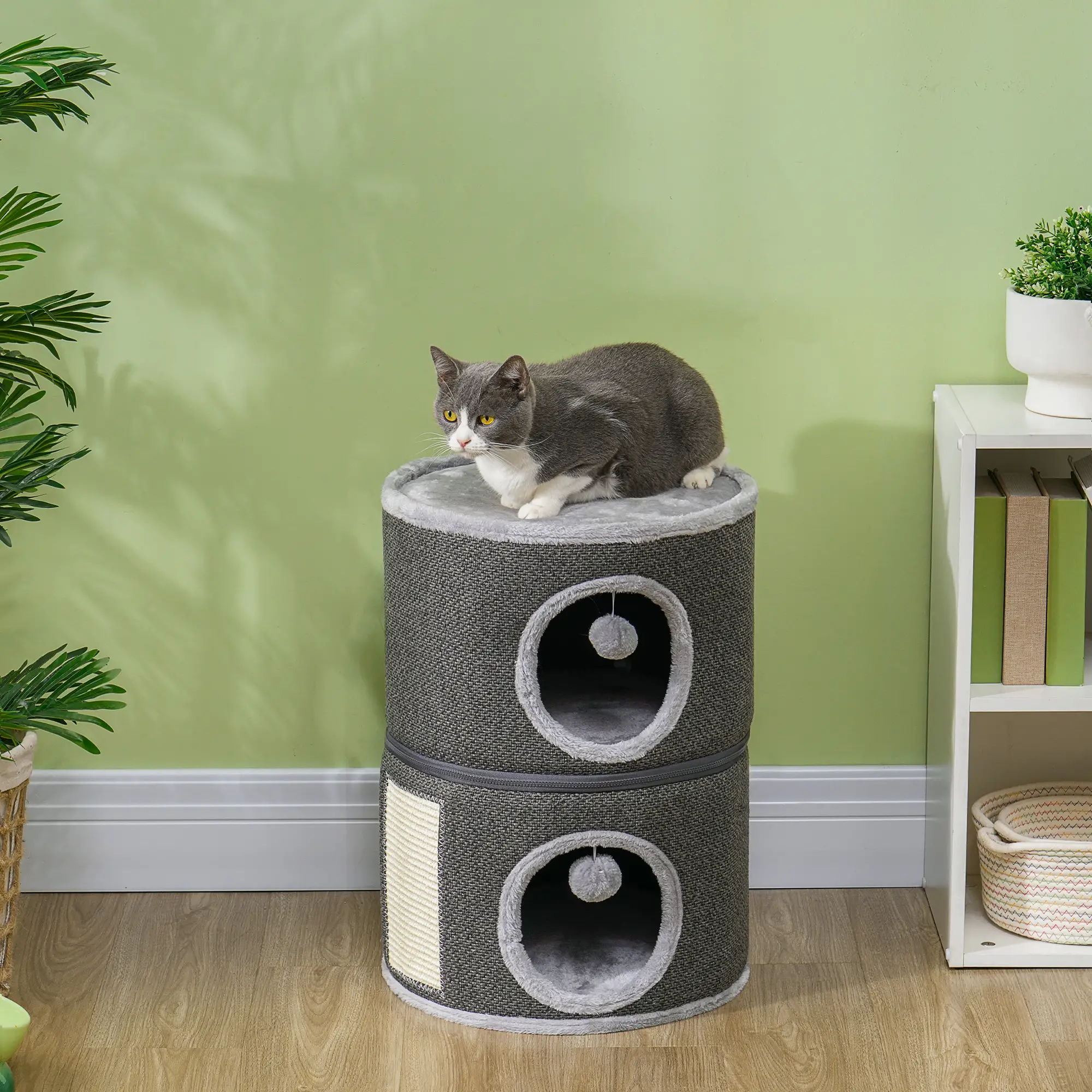2-Story Cat Condo, Barrel Tree with Perch, Hideaways, Scratching Board, Dark Grey - Image 2
