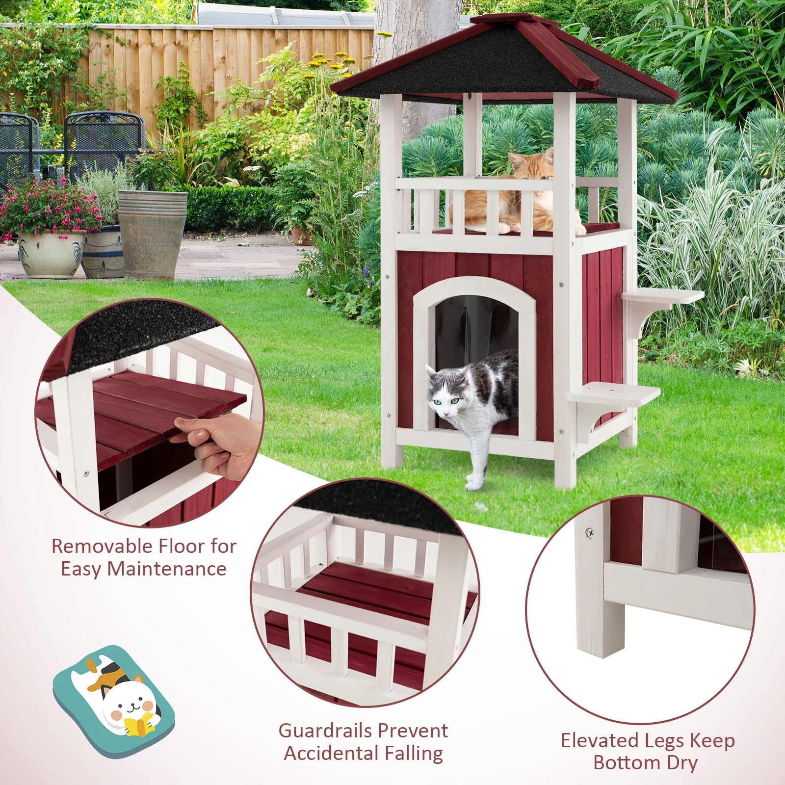 2-Story Wooden Cat House, Asphalt Roof Balcony, White, Red - Image 10
